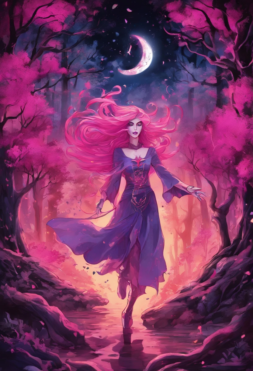 (a pink-haired demon woman,spells:1.1,glowing:1.1)(illustration)(best quality,ultra-detailed,realistic:1.37),demonic witch(demonic:1.1)(magic:1.1)(forest)(dark and mysterious,ominous atmosphere),casting powerful spells,creating magical energy(magic:1.1),vibrant pink hair(swirling pink hair)(flowing pink hair),horns(devil horns:1.1),piercing red eyes,enchanted scepter(magical scepter),elaborate dark robe,glowing magical sigils,fiery embers swirling(magical embers:1.1)(glowing embers),magical aura(glowing aura),eerie shadows,otherworldly presence(presence),sinister smile,nightfall in the background(dark night:1.1)(moonlit forest),lush and dense foliage(twisted trees)(mystical plants:1.1),mystical particles(swirling particles)(floating particles),ethereal glow(ethereal:1.1)(soft glow),faint moonlight breaking through the trees,haunting and captivating(scary atmosphere),bewitching beauty,wide range of colors(vivid colors)(contrasting colors),mystical realm,impressive details,dynamic composition,mesmerizing artwork,photorealistic style(picasso style),impressive shading and lighting,explosive energy,magical atmosphere(fantasy atmosphere),dreamlike scene