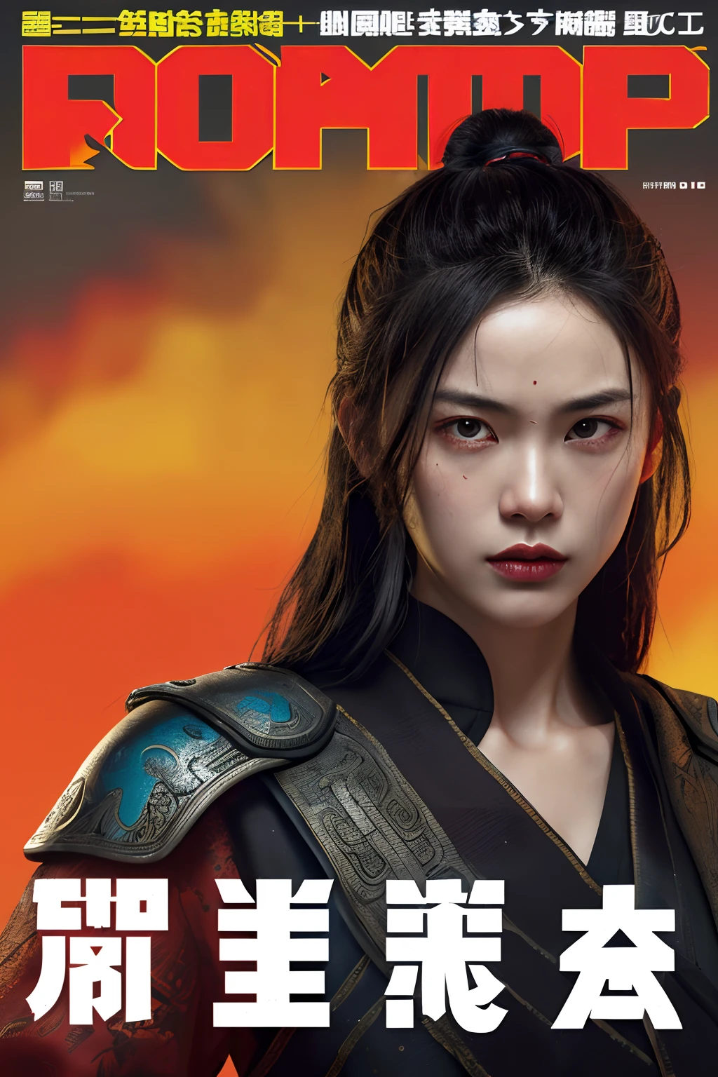 ((((Dramatic))), (((grittiness))), (((Intense))) The movie poster features a young woman as the central character。She stands confidently in the center of the poster，Wear Chinese warrior clothing，with a determined expression on her face。The background is dark and gritty，There is a sense of danger and a strong feeling。The text is bold and eye-catching，With catchy slogans，Adds to the overall drama and excitement，Dotted with bright colors，Make the poster dynamic and visually striking，tachi-e (Magazines:1.3), (Cover-style:1.3), Fashionab, woman, vibrant, Outfit, posing on a, Front,rich colourful，dyna，Background with，Chinese elements，self-assured，Expressing the，halter，statement，Attachment，A majestic，coil，Runt，Touching pubic area，Scenes，text，Cover of a，boldness，attention-grabbing，