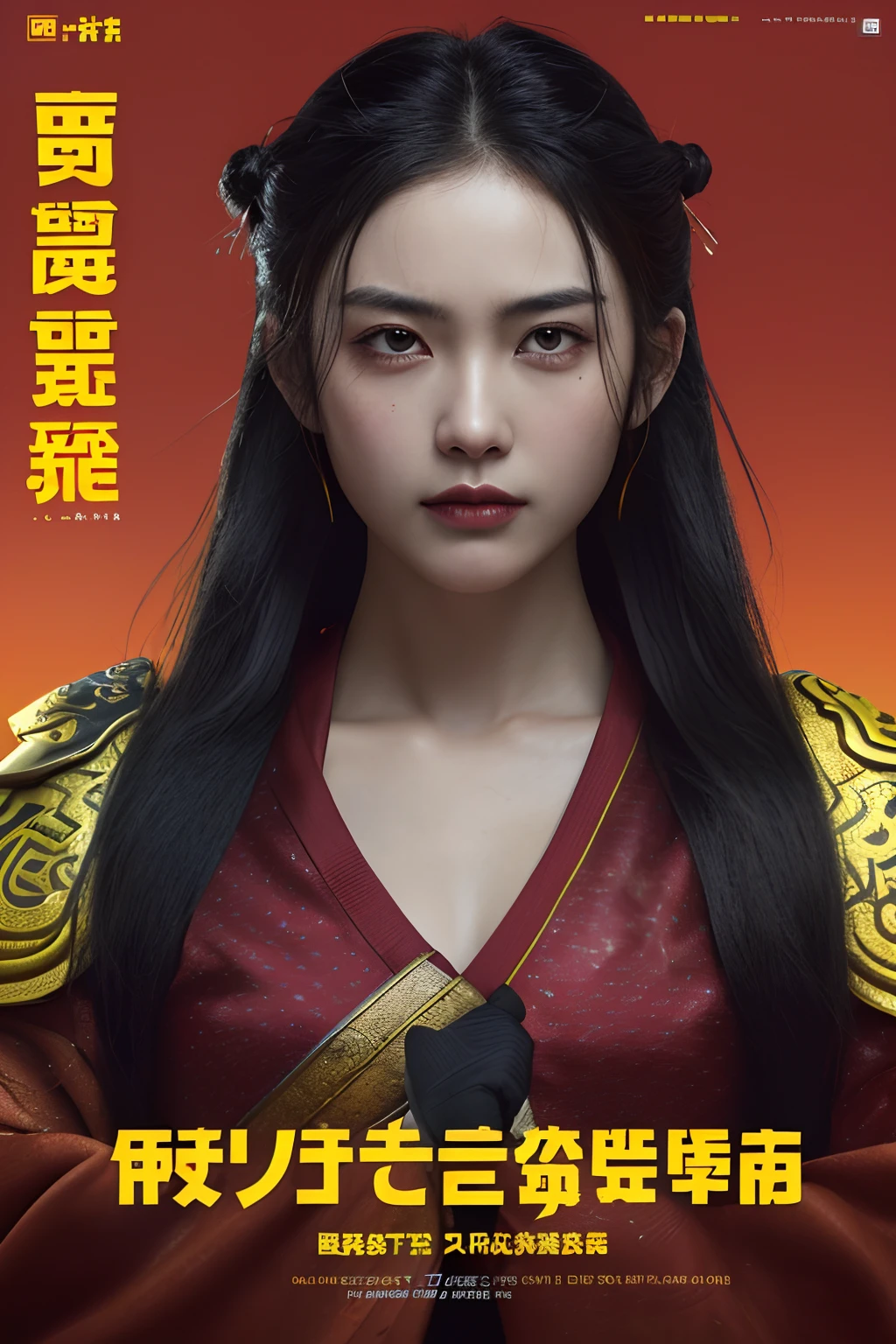 ((((Dramatic))), (((grittiness))), (((Intense))) The movie poster features a young woman as the central character。She stands confidently in the center of the poster,Wear Chinese warrior clothing,with a determined expression on her face。The background is dark and gritty,There is a sense of danger and a strong feeling。The text is bold and eye-catching,With catchy slogans,Adds to the overall drama and excitement,Dotted with bright colors,Make the poster dynamic and visually striking,tachi-e (Magazines:1.3), (Cover-style:1.3), Fashionab, woman, vibrant, Outfit, posing on a, Front,rich colourful,dyna,Background with,Chinese elements,self-assured,Expressing the,halter,statement,Attachment,A majestic,coil,Runt,Touching pubic area,Scenes,text,Cover of a,boldness,attention-grabbing,