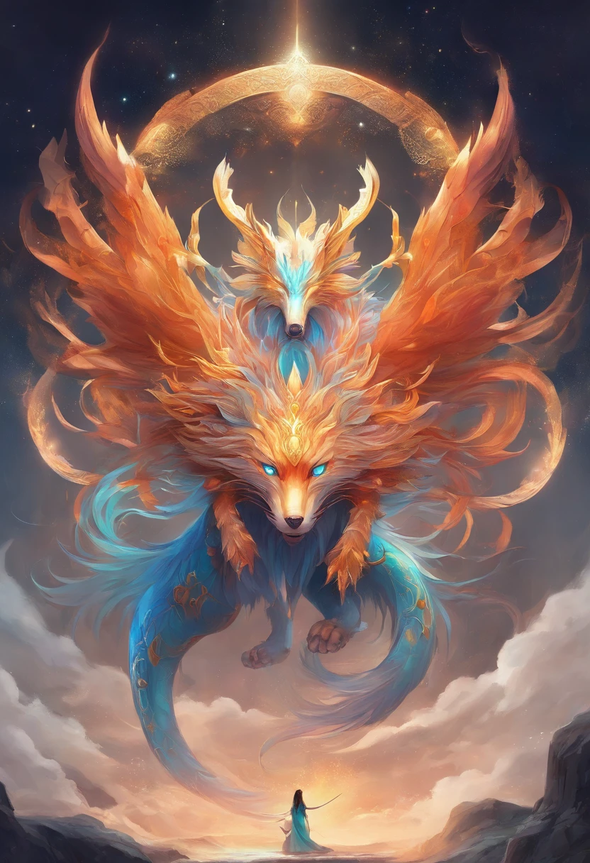 mythological creatures，（（The nine-tailed fox in Chinese mythology）），Traditional Chinese elements，Ancient murals，Illustrative myths，Fuyao Legend，Dappled light，Hazy haze，mystical aura，tmasterpiece，k hd，Rich in color，Detailed details，Seven colors