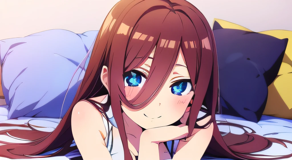 ((masutepiece)), ((Best Quality)), (Ultra-detailed), Anime style, on the bed, Cut s, 1girl in, Solo, ((Beautiful eyes))0, Smile