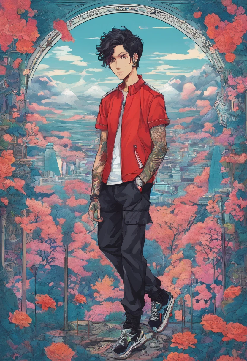 illustration of Strahd Von Zarovich from the Curse of Strahd D&D module in modern clothing, he is wearing street wear that is popular with rappers between the years of 2020 to 2023, Modern rapper clothing, he has tattoos on his neck, face, and arms, multiple rapper tattoos, post malone tattoos