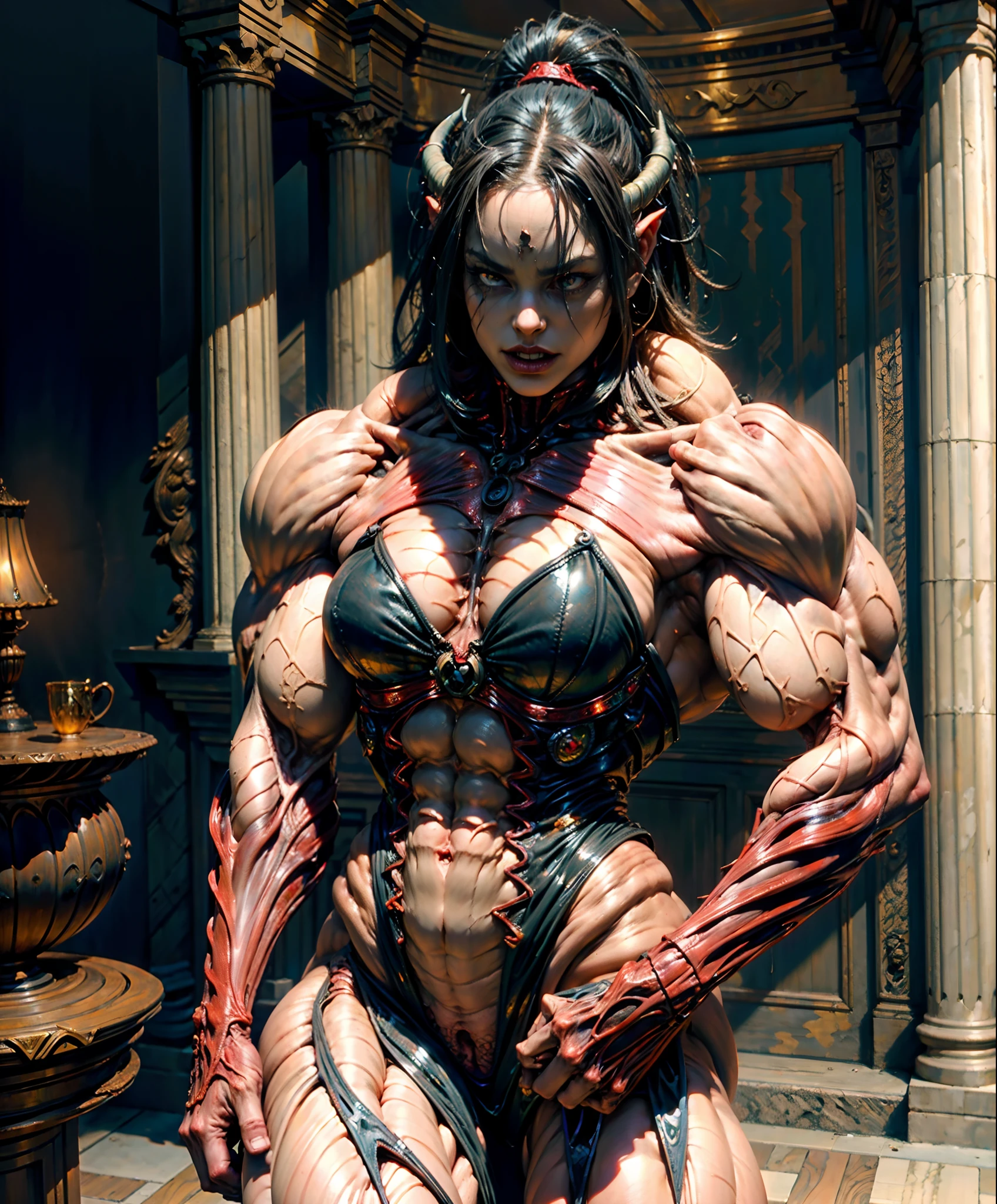 (1 girl), (spread legs:1.25), (demoness with beautiful face:1.25),(1 super muscular succubus with flayed skin:1.5), (carnage physique:1.5), (covered in thick muscle suit:1.5), (exposed perfect anatomy:1.5), (carnage muscle anatomy:1.5), high detail, best quality, masterpiece, finely detail, realistic skin texture, 85 mm art lens, f 1.2, sharp focus, 8 k high definition, insanely detailed, intricate,