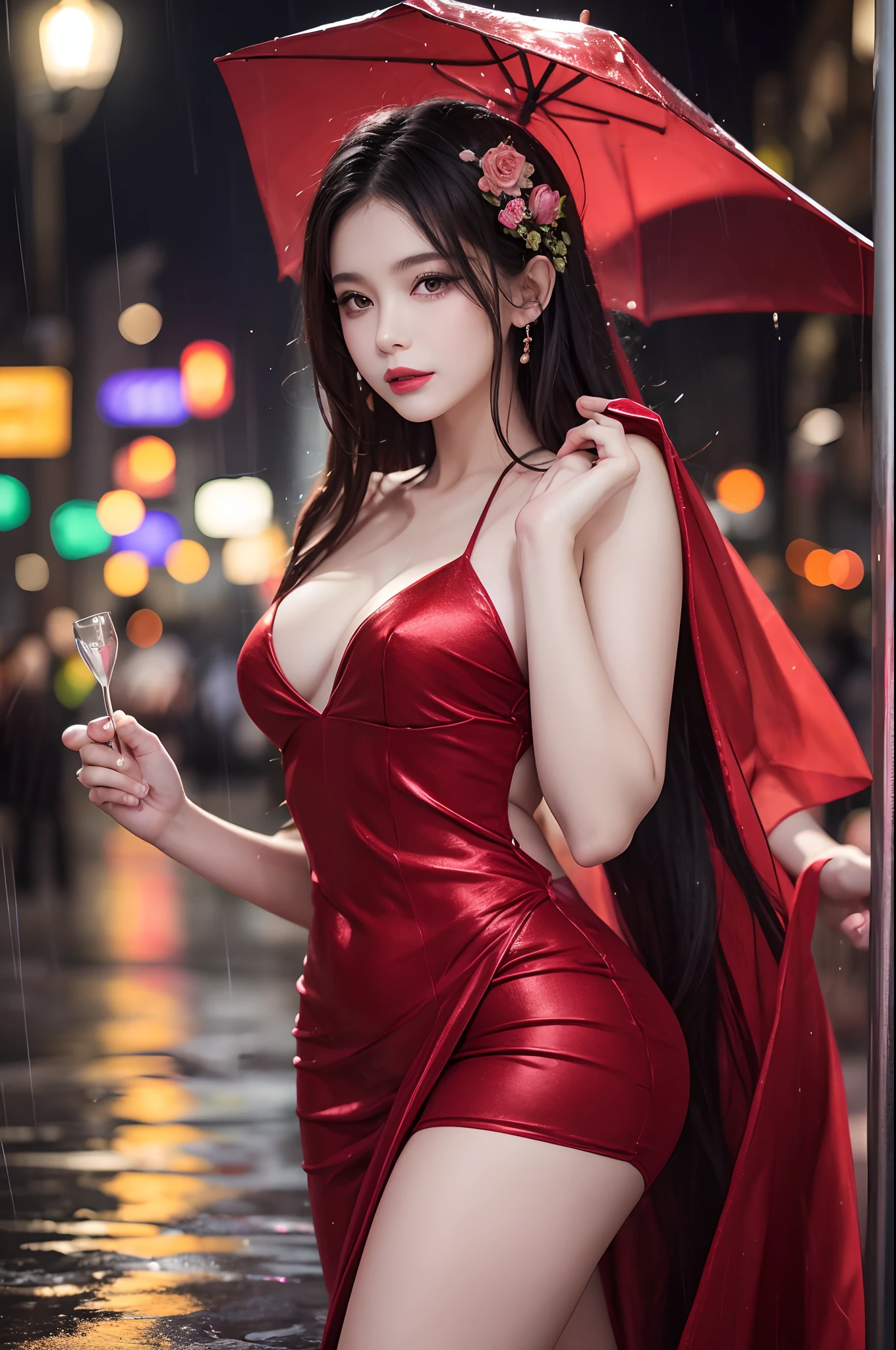 a beautiful woman in a red dress dancing in the rain at night on a lit street; --auto --s2