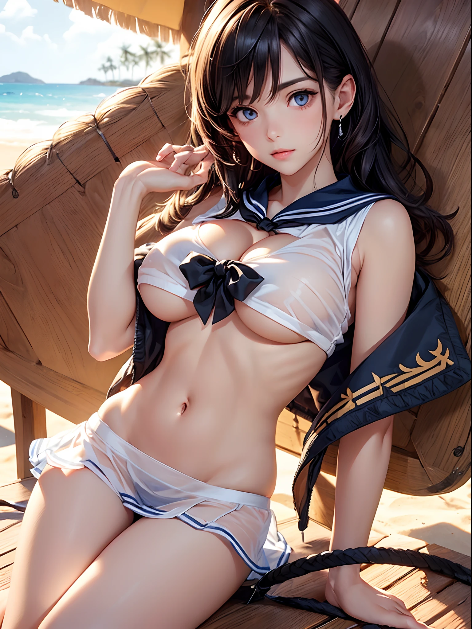 (((toppless))), (((Show off ))), (((Showing off the legs of the spread tread))), (((large full breasts))), (((show off cleavage))), extremely detailed CG unified 8k wallpaper, very fine 8KCG wallpaper, (masterpiece, Best Quality), High resolution, Ultra-detailed, ultra-sharp, 1 girl, full ,Naked, in beach, ((( Light sailor shirt, Sleeveless, Open front))), (((Navel))), (((Sheer Micro Mini Skirt))), (Beautiful face, Cute face, Detailed face), (((Detailed beautiful eyes))), BREAK, (((Sunny))), Perfect Eyes Eyes