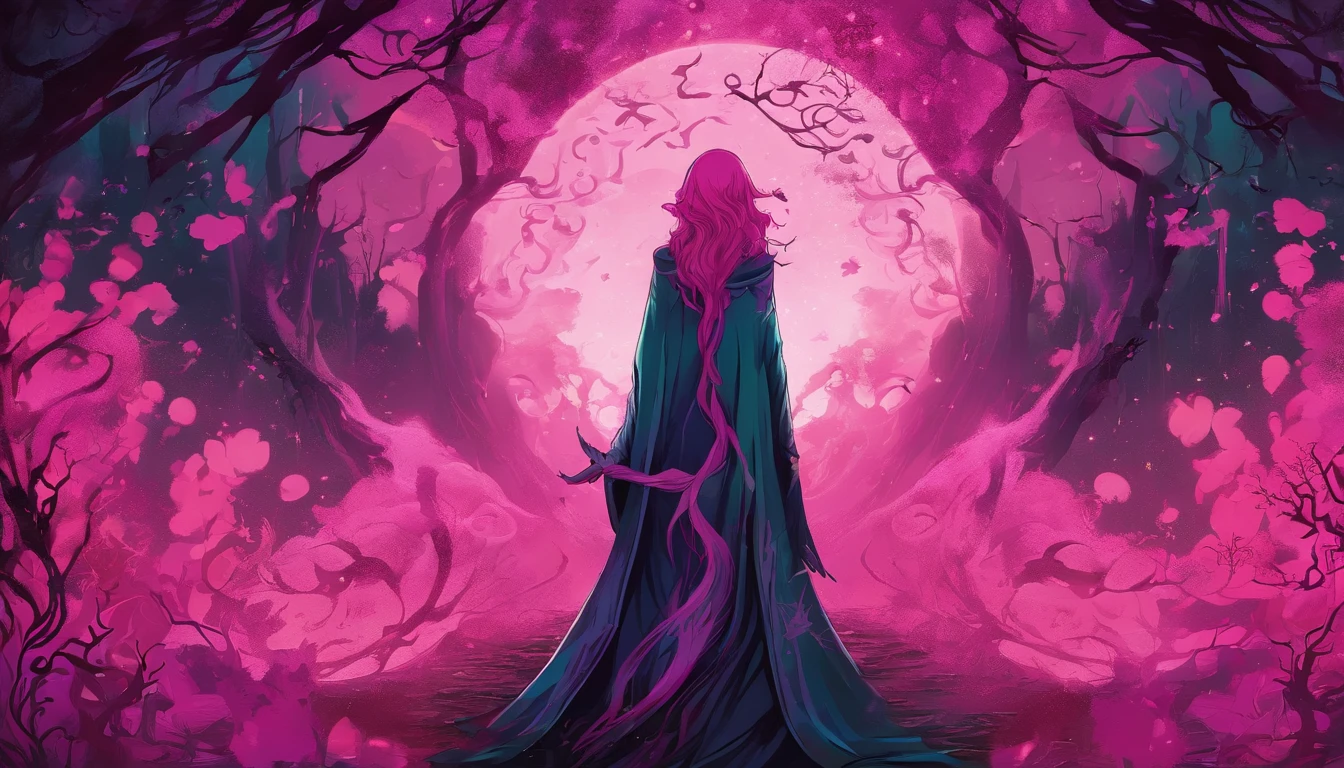 (a pink-haired demon woman,spells:1.1,glowing:1.1)(illustration)(best quality,ultra-detailed,realistic:1.37),demonic witch(demonic:1.1)(magic:1.1)(forest)(dark and mysterious,ominous atmosphere),casting powerful spells,creating magical energy(magic:1.1),vibrant pink hair(swirling pink hair)(flowing pink hair),horns(devil horns:1.1),piercing red eyes,enchanted scepter(magical scepter),elaborate dark robe,glowing magical sigils,fiery embers swirling(magical embers:1.1)(glowing embers),magical aura(glowing aura),eerie shadows,otherworldly presence(presence),sinister smile,nightfall in the background(dark night:1.1)(moonlit forest),lush and dense foliage(twisted trees)(mystical plants:1.1),mystical particles(swirling particles)(floating particles),ethereal glow(ethereal:1.1)(soft glow),faint moonlight breaking through the trees,haunting and captivating(scary atmosphere),bewitching beauty,wide range of colors(vivid colors)(contrasting colors),mystical realm,impressive details,dynamic composition,mesmerizing artwork,photorealistic style(picasso style),impressive shading and lighting,explosive energy,magical atmosphere(fantasy atmosphere),dreamlike scene