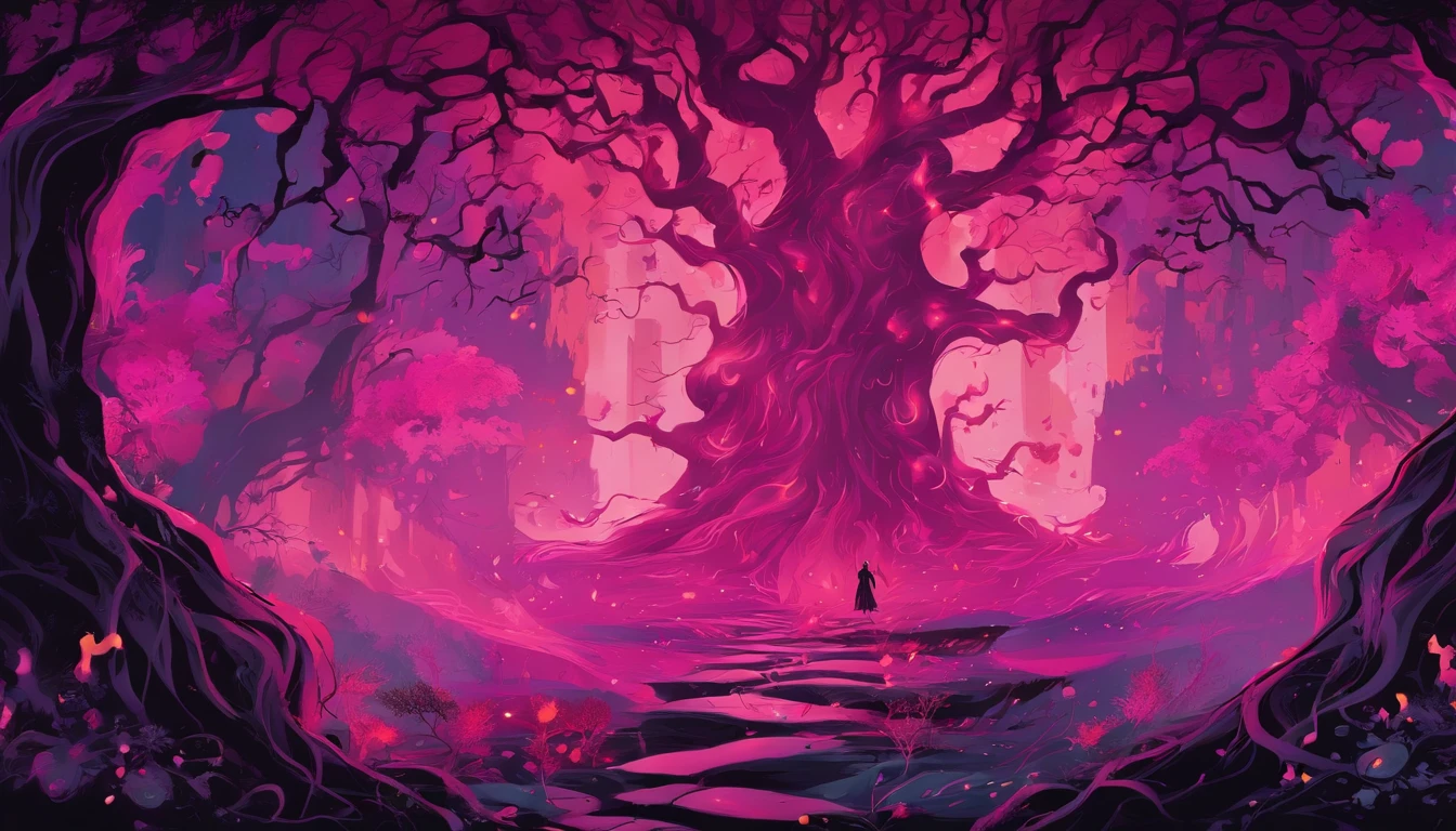 (a pink-haired demon woman,spells:1.1,glowing:1.1)(illustration)(best quality,ultra-detailed,realistic:1.37),demonic witch(demonic:1.1)(magic:1.1)(forest)(dark and mysterious,ominous atmosphere),casting powerful spells,creating magical energy(magic:1.1),vibrant pink hair(swirling pink hair)(flowing pink hair),horns(devil horns:1.1),piercing red eyes,enchanted scepter(magical scepter),elaborate dark robe,glowing magical sigils,fiery embers swirling(magical embers:1.1)(glowing embers),magical aura(glowing aura),eerie shadows,otherworldly presence(presence),sinister smile,nightfall in the background(dark night:1.1)(moonlit forest),lush and dense foliage(twisted trees)(mystical plants:1.1),mystical particles(swirling particles)(floating particles),ethereal glow(ethereal:1.1)(soft glow),faint moonlight breaking through the trees,haunting and captivating(scary atmosphere),bewitching beauty,wide range of colors(vivid colors)(contrasting colors),mystical realm,impressive details,dynamic composition,mesmerizing artwork,photorealistic style(picasso style),impressive shading and lighting,explosive energy,magical atmosphere(fantasy atmosphere),dreamlike scene