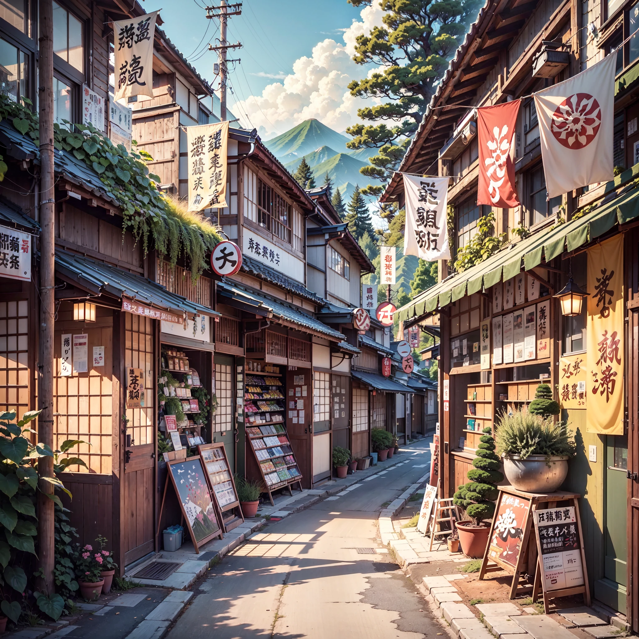 anime background, anime wallpaper, anime, anime style, lofi, lofi style, modern japanese rural street, mountains, uphill, modern japanese architecture, japanese convenience store, big retro japanese shop signs, retro japanese store, trees, plants, rocks, plant pots, shop signs, japanese banners, japanese signs, flags, sunrise, golden hour, golden lighting, empty street, no one in sight, (no one: 1), best quality