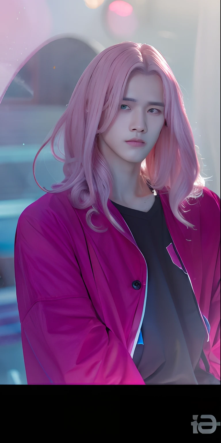 A man, long pink hair, pink outer clothes, black inner clothes, realistic