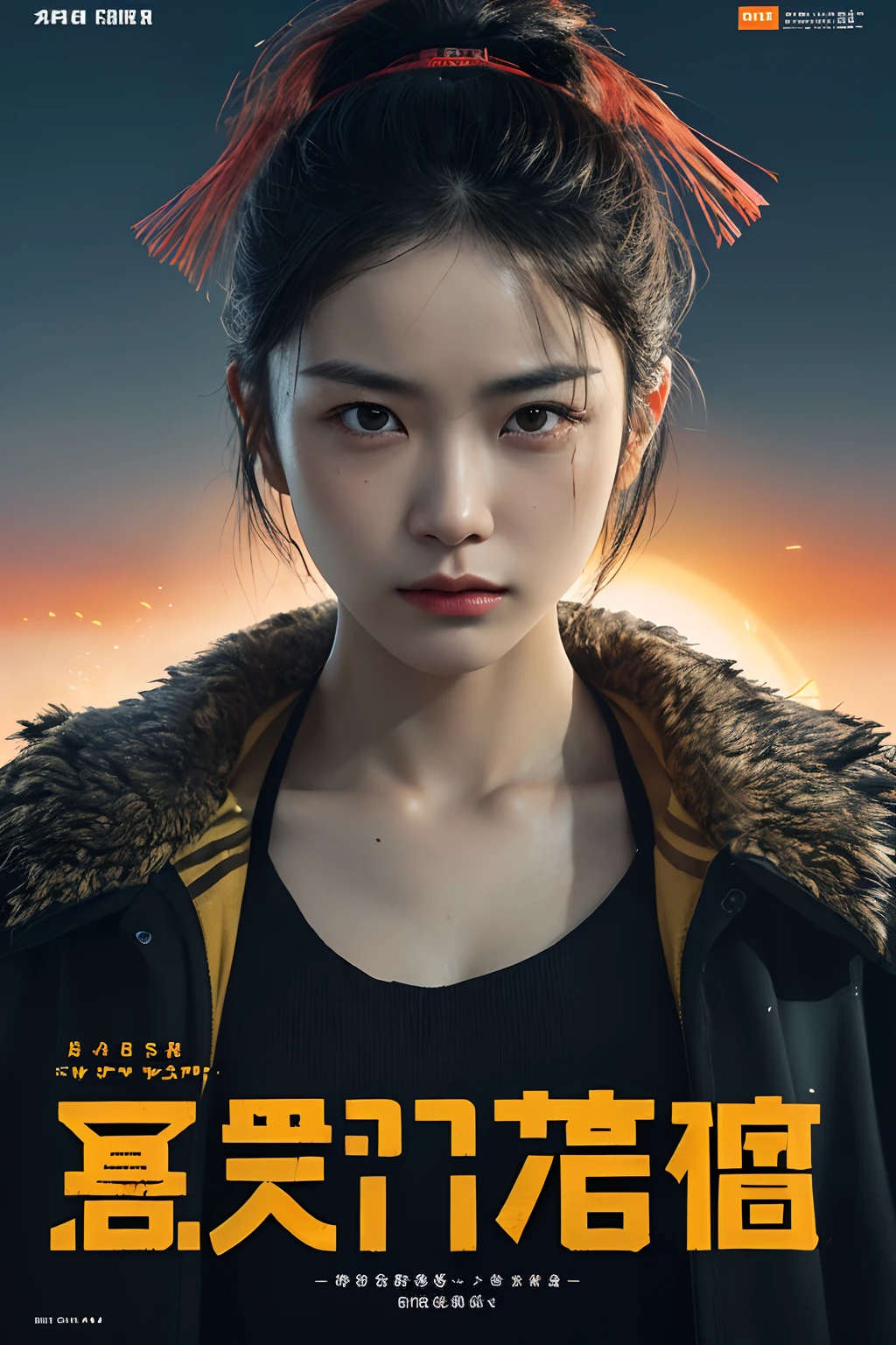 ((((Dramatic))), (((grittiness))), (((Intense))) The movie poster features a young woman as the central character。She stands confidently in the center of the poster，Wear Chinese warrior clothing，with a determined expression on her face。The background is dark and gritty，There is a sense of danger and a strong feeling。The text is bold and eye-catching，With catchy slogans，Adds to the overall drama and excitement，Dotted with bright colors，Make the poster dynamic and visually striking，tachi-e (Magazines:1.3), (Cover-style:1.3), Fashionab, woman, vibrant, Outfit, posing on a, Front,rich colourful，dyna，Background with，Chinese elements，self-assured，Expressing the，halter，statement，Attachment，A majestic，coil，Runt，Touching pubic area，Scenes，text，Cover of a，boldness，attention-grabbing，