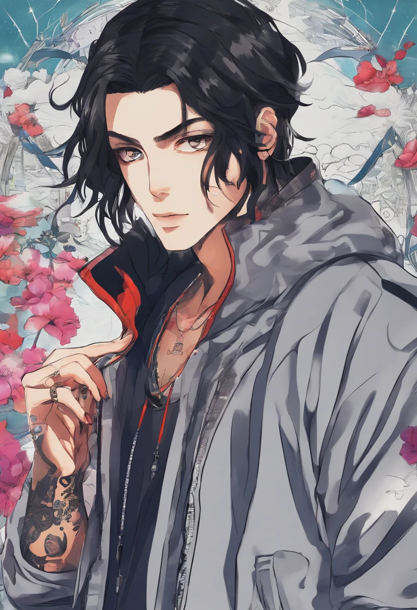 (illustration of Strahd Von Zarovich in modern clothing), he is wearing street wear that is popular with rappers between the years of 2020 to 2023, Modern rapper clothing, he has tattoos on his neck, face, and arms, multiple rapper tattoos, vampire features, golden eyes, fangs, long black hair,