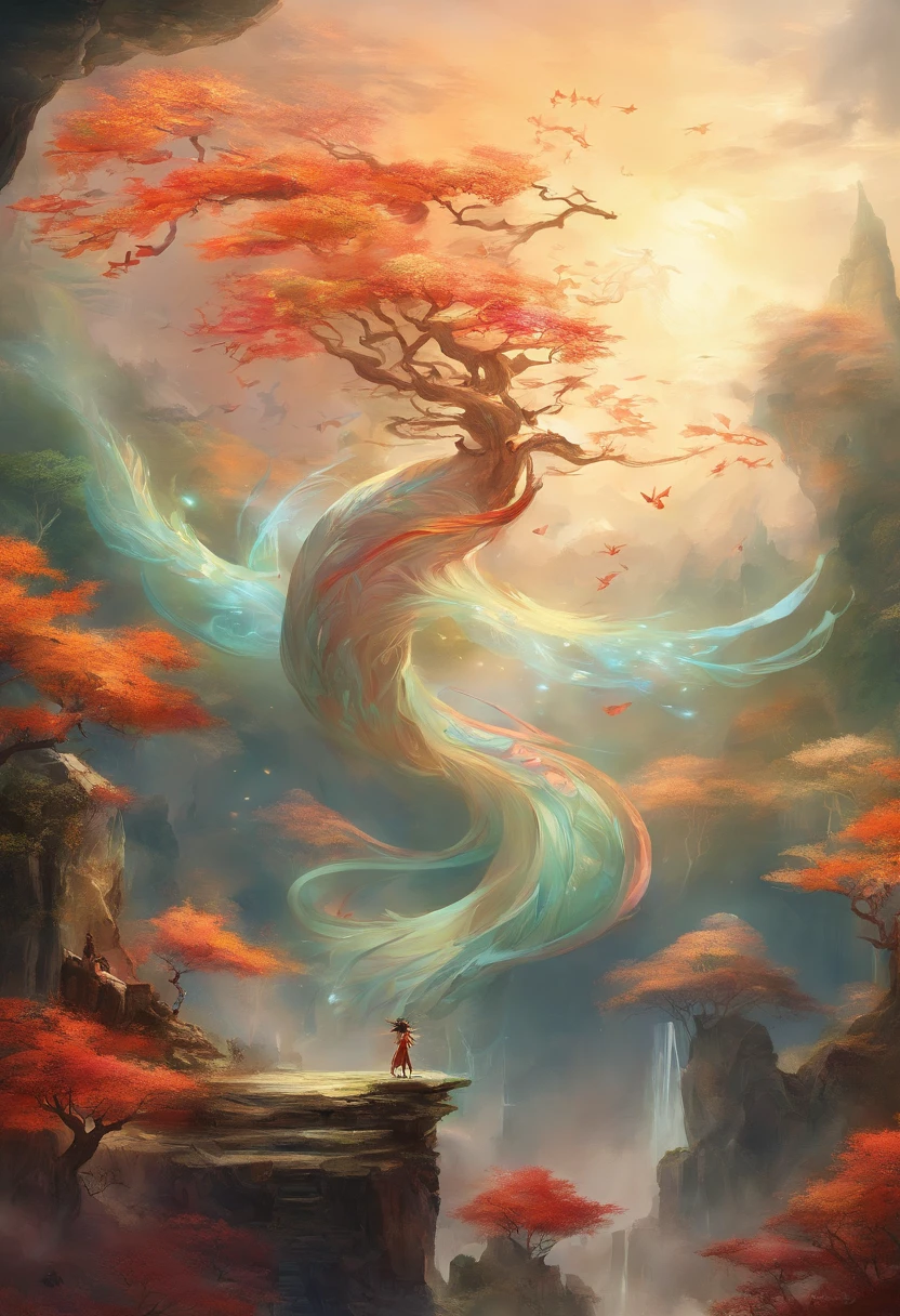 mythological creatures,((The nine-tailed fox in Chinese mythology)),Traditional Chinese elements,Ancient murals,Illustrative myths,Fuyao Legend,Dappled light,Hazy haze,mystical aura,tmasterpiece,k hd,Rich in color,Detailed details,Seven colors