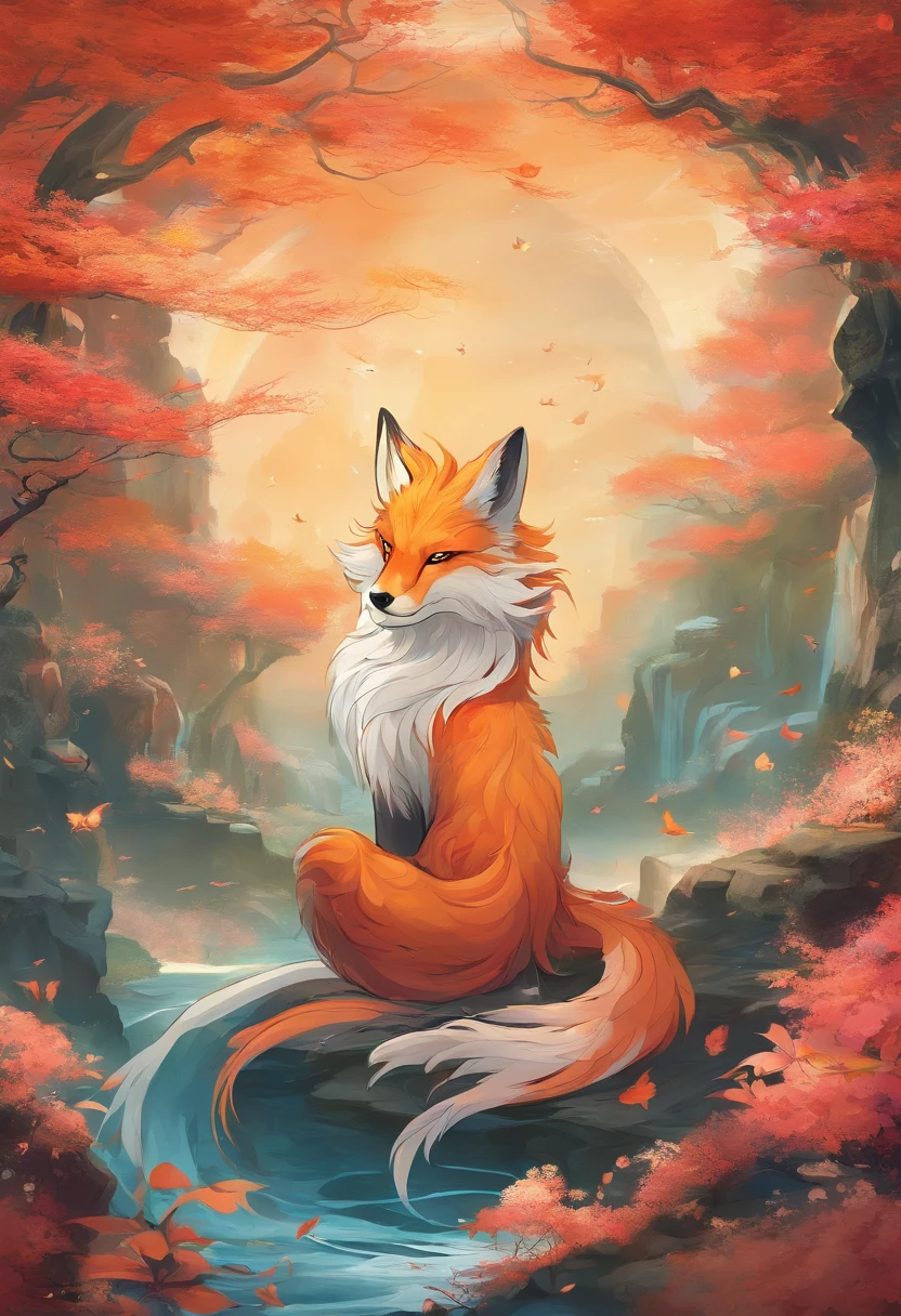 mythological creatures,((The nine-tailed fox in Chinese mythology)),Traditional Chinese elements,Ancient murals,Illustrative myths,Fuyao Legend,Dappled light,Hazy haze,mystical aura,tmasterpiece,k hd,Rich in color,Detailed details,Seven colors
