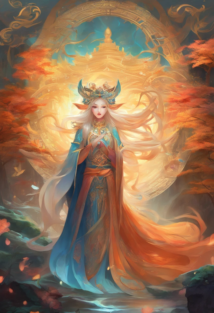 mythological creatures,((The nine-tailed fox in Chinese mythology)),Traditional Chinese elements,Ancient murals,Illustrative myths,Fuyao Legend,Dappled light,Hazy haze,mystical aura,tmasterpiece,k hd,Rich in color,Detailed details,Seven colors