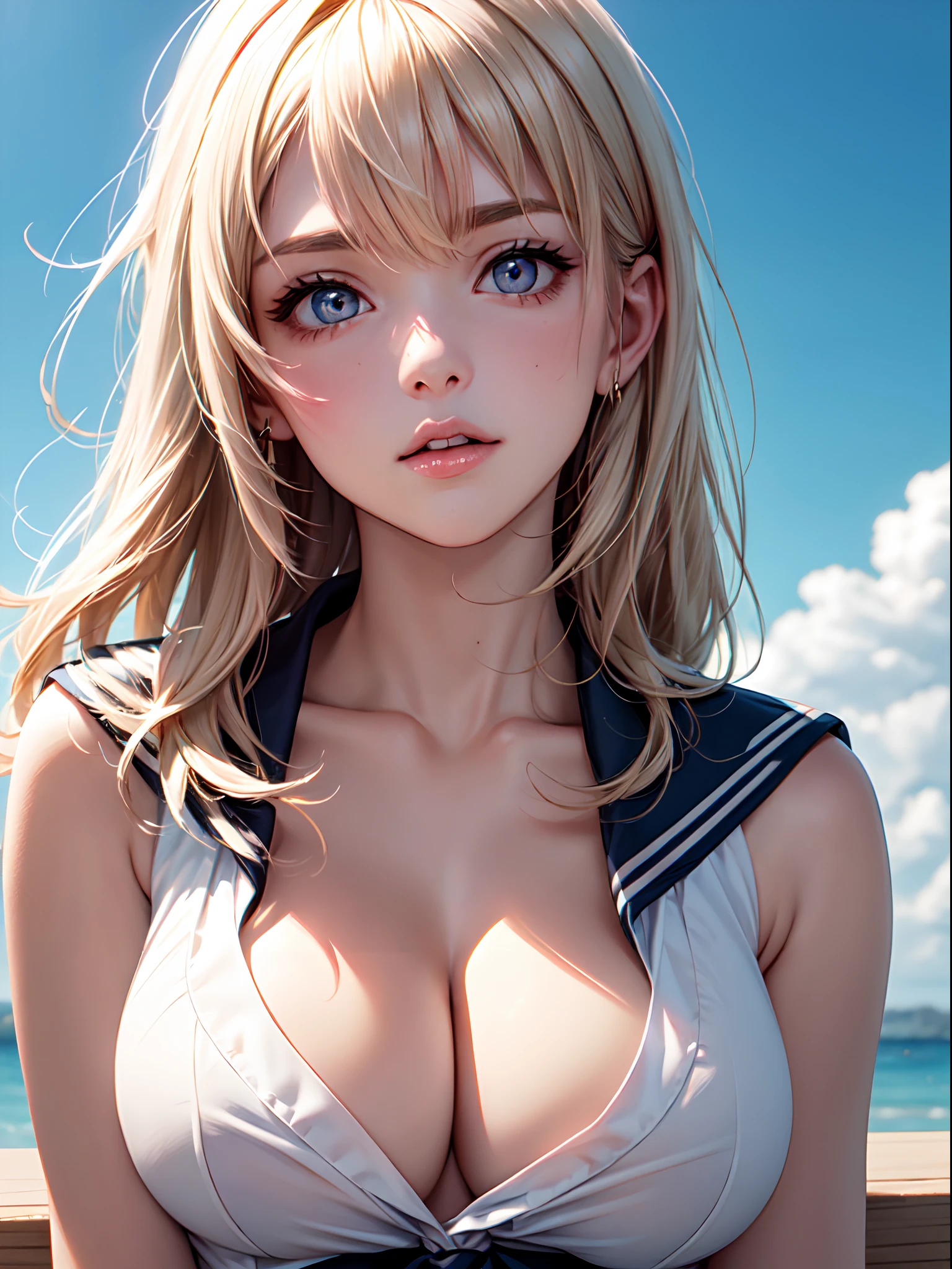 Close up of face, beautiful face, cute face, (((toppless))), (((sheer sailor shirt , Sleeveless ))), (((Show off cleavage))), (((Large breasts))), (((Open front))), Detailed beautiful eyes, (((Sunny))), extremely detailed CG unified 8k wallpaper, very fine 8KCG wallpaper, (masterpiece, Best Quality), High resolution, Ultra-detailed, ultra-sharp, 1 girl, Naked, perfecteyes eyes
