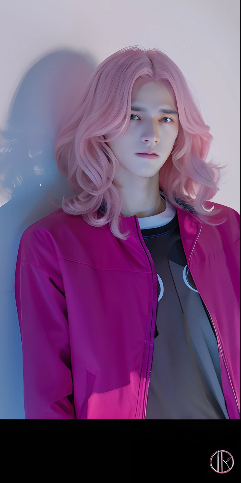 A man, long pink hair, pink outer clothes, black inner clothes, realistic