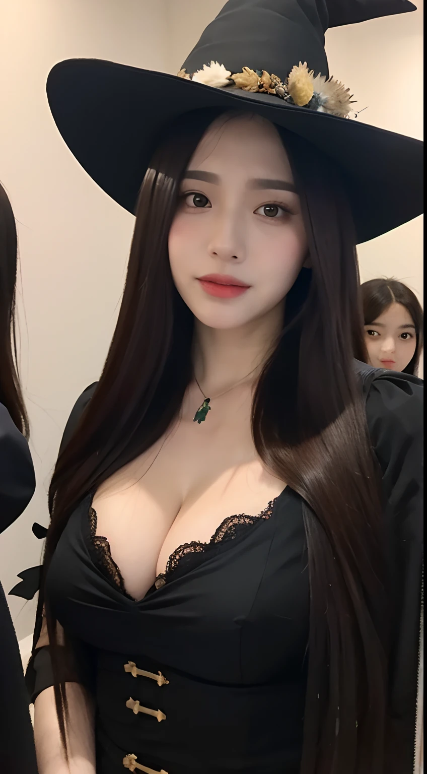 "Double long hair and G cup bust size beauty, Wearing a witch cosplay, Take a selfie in the crowd."