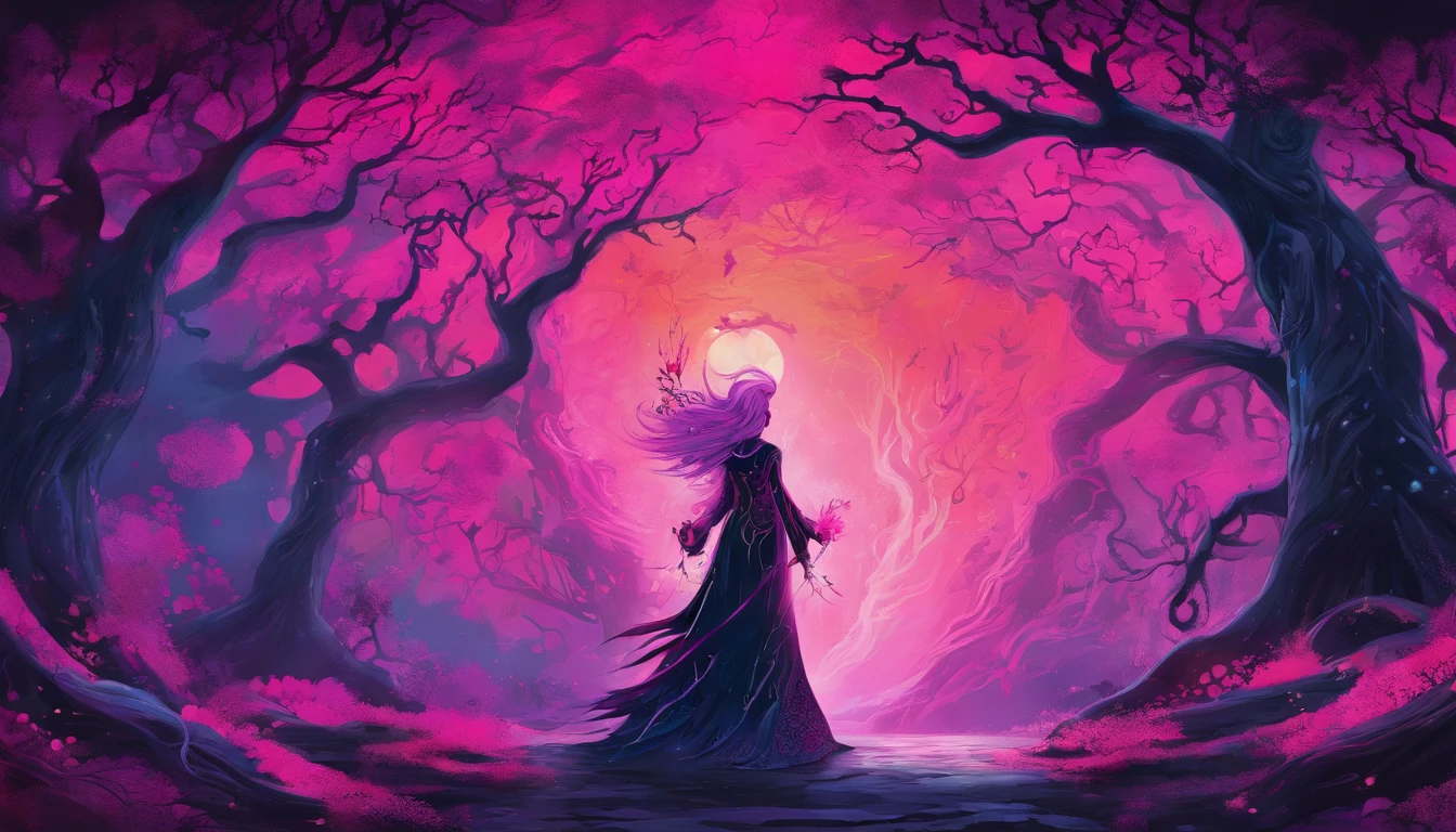 (a pink-haired demon woman,spells:1.1,glowing:1.1)(illustration)(best quality,ultra-detailed,realistic:1.37),demonic witch(demonic:1.1)(magic:1.1)(forest)(dark and mysterious,ominous atmosphere),casting powerful spells,creating magical energy(magic:1.1),vibrant pink hair(swirling pink hair)(flowing pink hair),horns(devil horns:1.1),piercing red eyes,enchanted scepter(magical scepter),elaborate dark robe,glowing magical sigils,fiery embers swirling(magical embers:1.1)(glowing embers),magical aura(glowing aura),eerie shadows,otherworldly presence(presence),sinister smile,nightfall in the background(dark night:1.1)(moonlit forest),lush and dense foliage(twisted trees)(mystical plants:1.1),mystical particles(swirling particles)(floating particles),ethereal glow(ethereal:1.1)(soft glow),faint moonlight breaking through the trees,haunting and captivating(scary atmosphere),bewitching beauty,wide range of colors(vivid colors)(contrasting colors),mystical realm,impressive details,dynamic composition,mesmerizing artwork,photorealistic style(picasso style),impressive shading and lighting,explosive energy,magical atmosphere(fantasy atmosphere),dreamlike scene