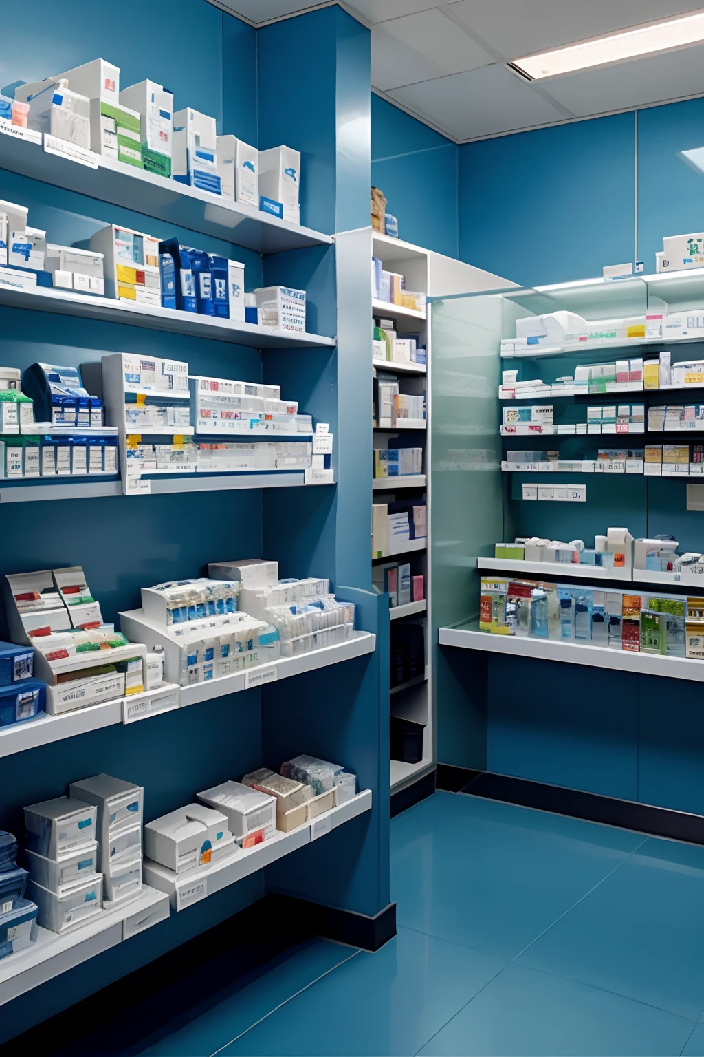Pharmacy with blue tones, medicamentos nas prateleiras
