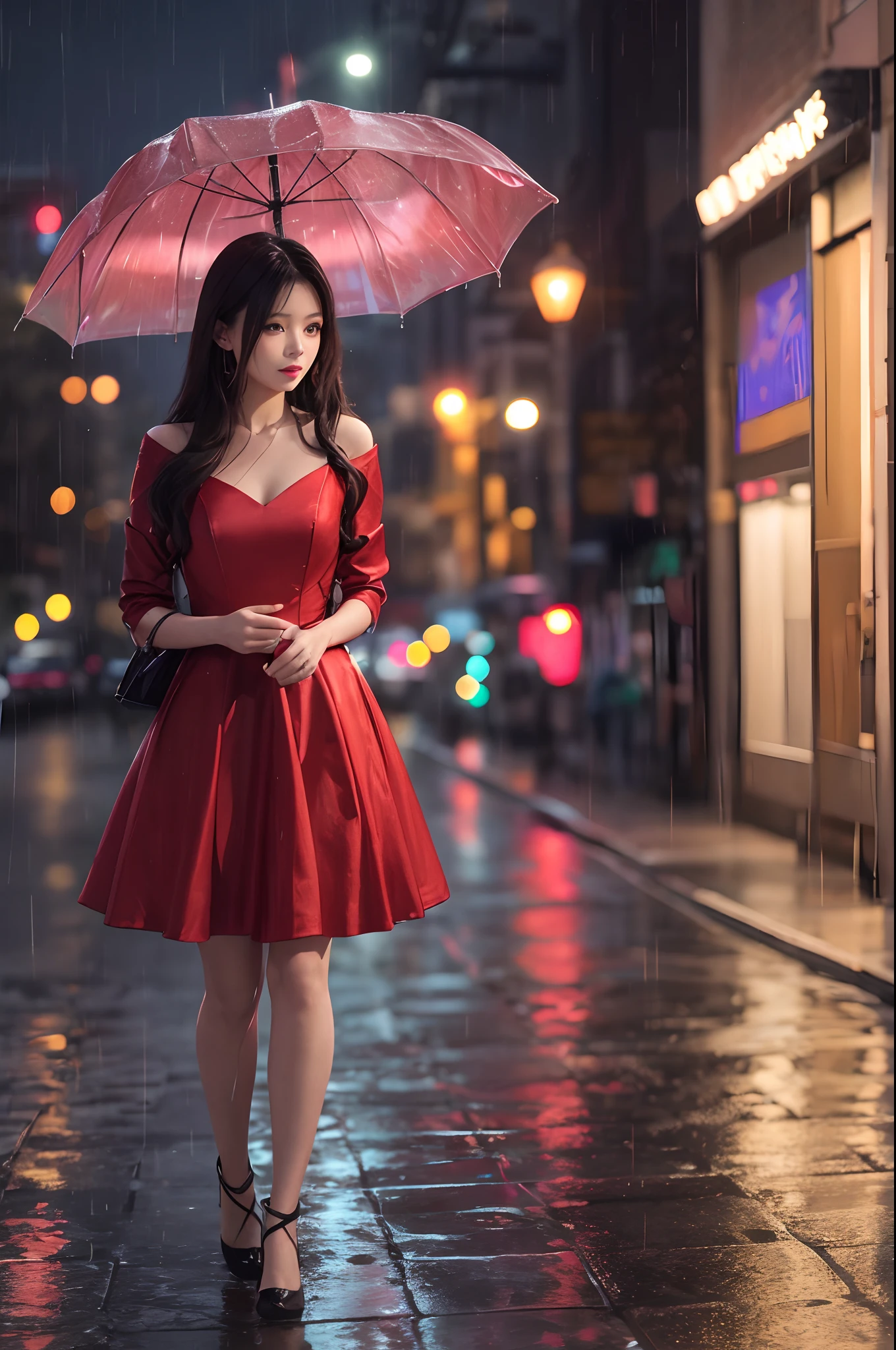 a beautiful woman in a red dress dancing in the rain at night on a lit street; --auto --s2