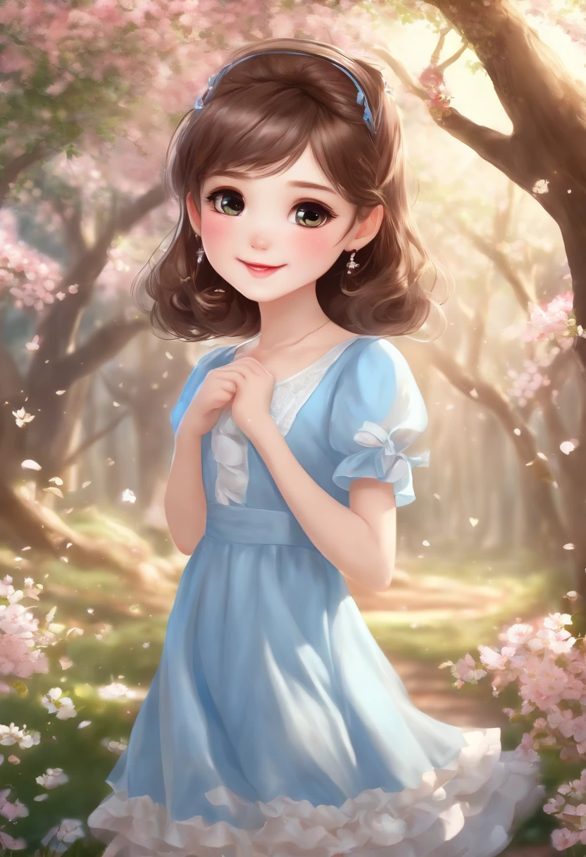 (Best Quality,4K,8K,hight resolution,masutepiece:1.2),Ultra-detailed,(Realistic,Photorealistic,Photorealsitic:1.37),Cute,Bright colors,Girly,Joyful,Beautiful,zora々Right,Adorable,Chibi Anime Style,Nice anime,Anime style baby girl with big eyes,round rosy cheeks and small body,,Cute innocent smile,enticing expression,Wearing a lovely blue dress with a pattern inspired by Alice in Wonderland,Matching sandals,Short dark brown hair with cute freckles on her face,Bright blue sky on background,Filled with cherry trees,Create a dreamy and enchanting atmosphere