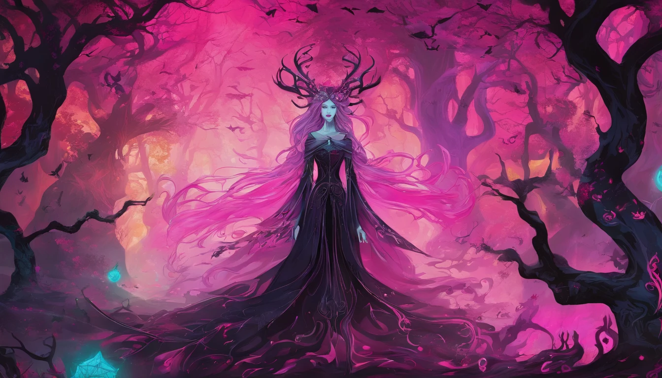 (a pink-haired demon woman,spells:1.1,glowing:1.1)(illustration)(best quality,ultra-detailed,realistic:1.37),demonic witch(demonic:1.1)(magic:1.1)(forest)(dark and mysterious,ominous atmosphere),casting powerful spells,creating magical energy(magic:1.1),vibrant pink hair(swirling pink hair)(flowing pink hair),horns(devil horns:1.1),piercing red eyes,enchanted scepter(magical scepter),elaborate dark robe,glowing magical sigils,fiery embers swirling(magical embers:1.1)(glowing embers),magical aura(glowing aura),eerie shadows,otherworldly presence(presence),sinister smile,nightfall in the background(dark night:1.1)(moonlit forest),lush and dense foliage(twisted trees)(mystical plants:1.1),mystical particles(swirling particles)(floating particles),ethereal glow(ethereal:1.1)(soft glow),faint moonlight breaking through the trees,haunting and captivating(scary atmosphere),bewitching beauty,wide range of colors(vivid colors)(contrasting colors),mystical realm,impressive details,dynamic composition,mesmerizing artwork,photorealistic style(picasso style),impressive shading and lighting,explosive energy,magical atmosphere(fantasy atmosphere),dreamlike scene