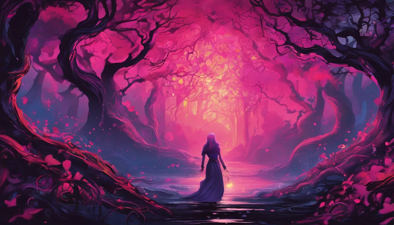 (a pink-haired demon woman,spells:1.1,glowing:1.1)(illustration)(best quality,ultra-detailed,realistic:1.37),demonic witch(demonic:1.1)(magic:1.1)(forest)(dark and mysterious,ominous atmosphere),casting powerful spells,creating magical energy(magic:1.1),vibrant pink hair(swirling pink hair)(flowing pink hair),horns(devil horns:1.1),piercing red eyes,enchanted scepter(magical scepter),elaborate dark robe,glowing magical sigils,fiery embers swirling(magical embers:1.1)(glowing embers),magical aura(glowing aura),eerie shadows,otherworldly presence(presence),sinister smile,nightfall in the background(dark night:1.1)(moonlit forest),lush and dense foliage(twisted trees)(mystical plants:1.1),mystical particles(swirling particles)(floating particles),ethereal glow(ethereal:1.1)(soft glow),faint moonlight breaking through the trees,haunting and captivating(scary atmosphere),bewitching beauty,wide range of colors(vivid colors)(contrasting colors),mystical realm,impressive details,dynamic composition,mesmerizing artwork,photorealistic style(picasso style),impressive shading and lighting,explosive energy,magical atmosphere(fantasy atmosphere),dreamlike scene