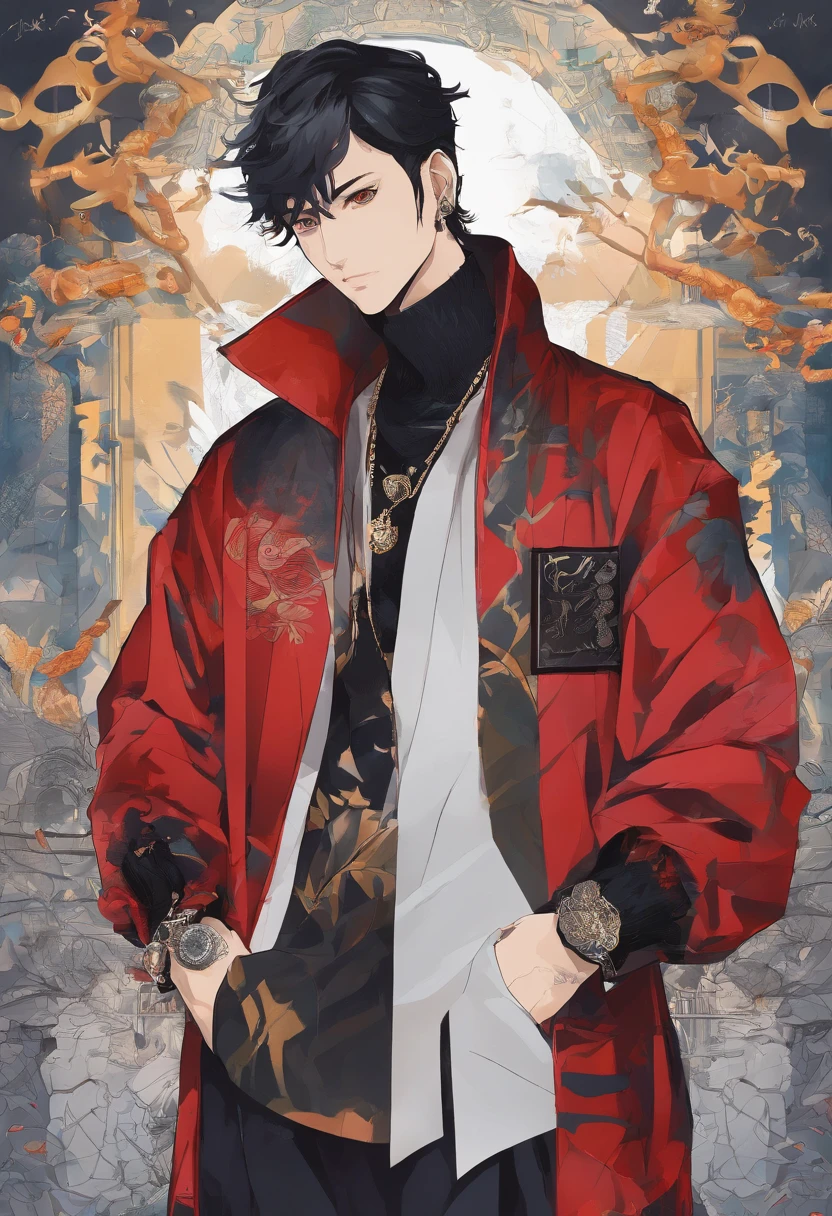 (illustration of Strahd Von Zarovich in modern clothing), he is wearing street wear that is popular with rappers between the years of 2020 to 2023, Modern rapper clothing, he has tattoos on his neck, face, and arms, multiple rapper tattoos, ((vampire)), golden eyes, fangs, long black hair, portrait, 8k resolution, masterpiece, high quality, ultra detailed eyes, 1boy, male focus