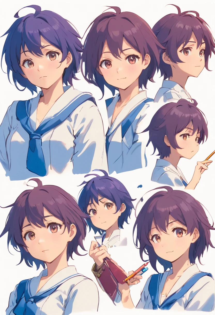 Gojo Satoru , (reference sheet:1.0), (infographics:1.15), (blueprint:1.25), (pencil drawing:1.25), (Rough sketch: 1.25), (aquarelle: 0.8), 1girll, (Various facial expressions, Emotions:1.1), (a variety of poses, dynamicposes:1.1), Upper body, (Cowboy shot:1.2), (full bodyesbian:1.3)
( Solo:1.5),18yr old ,