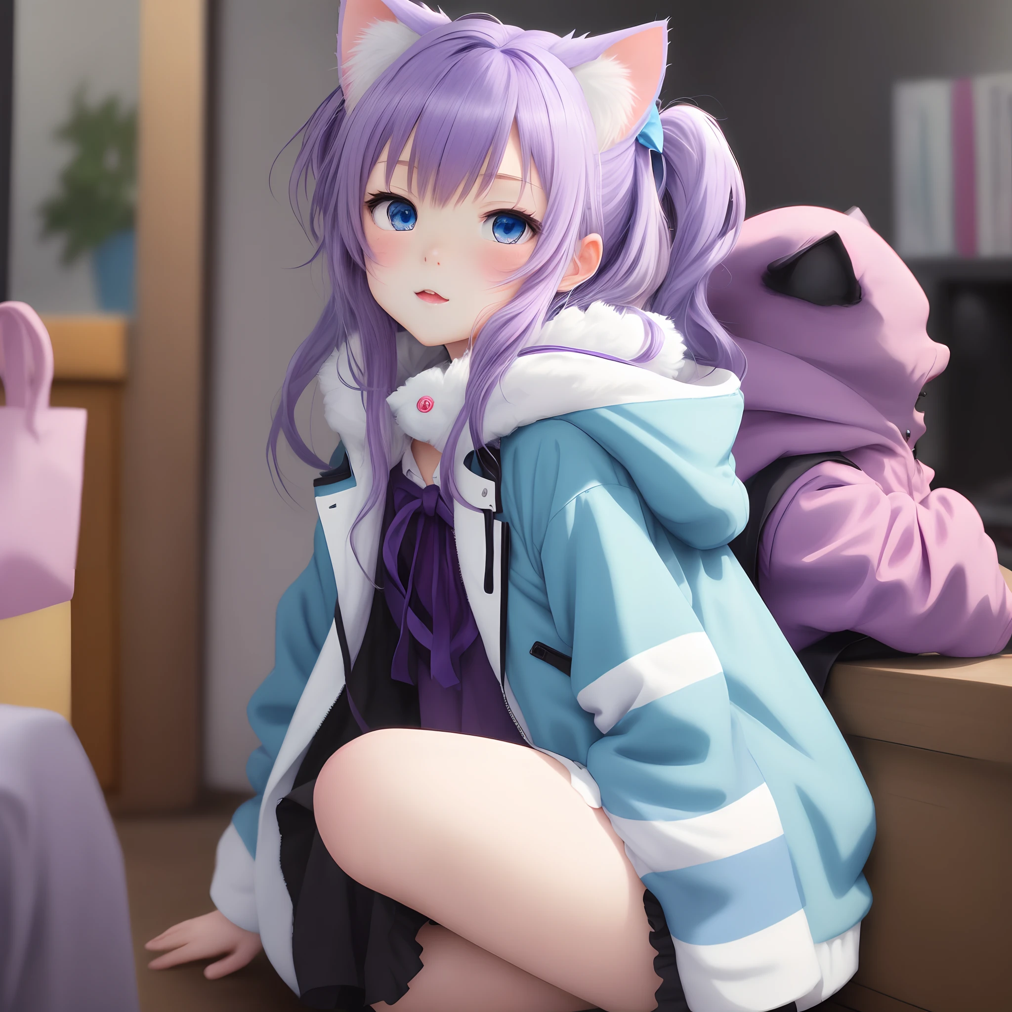 Legs spread, squatting, legs spread, legs spread, squatting, legs spread, legs spread, squatting, legs spread,Futuristic Girl,,,Cute smile,Purple eyes, space, Purple Hair, Blue Hair, Pink Hair, Long Hair, Futuristic popular coffee shop,Cat ears of the future,Topless, normal breasts, beautiful breasts, topless, beautiful breasts, normal breasts、Futuristic panties with garter belt and ribbon,Daily life
