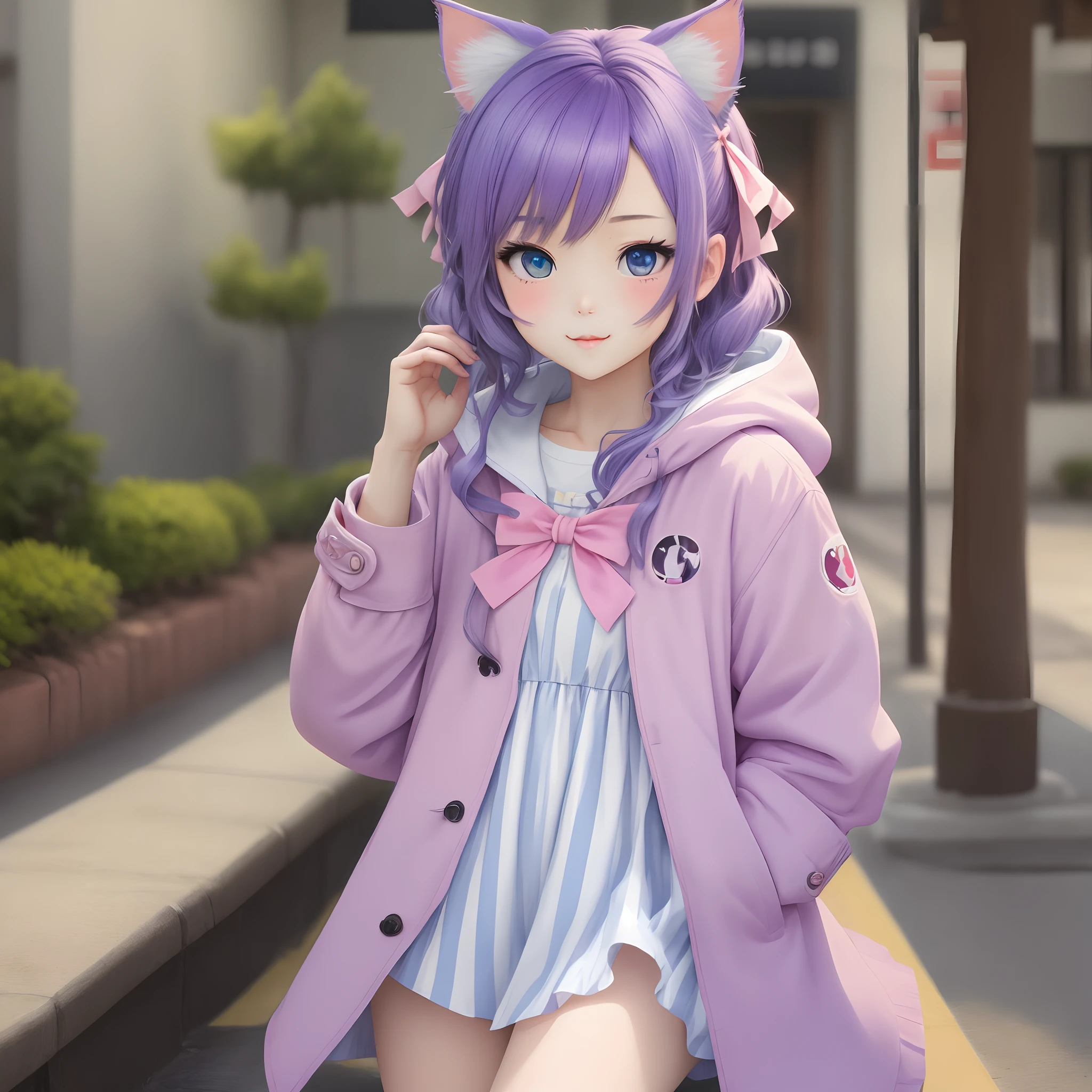 image of an anime character, kawaii girl with purple hair, blue eyes, kitten ears, pink coat with a blue bow and white stripes on the sleeve