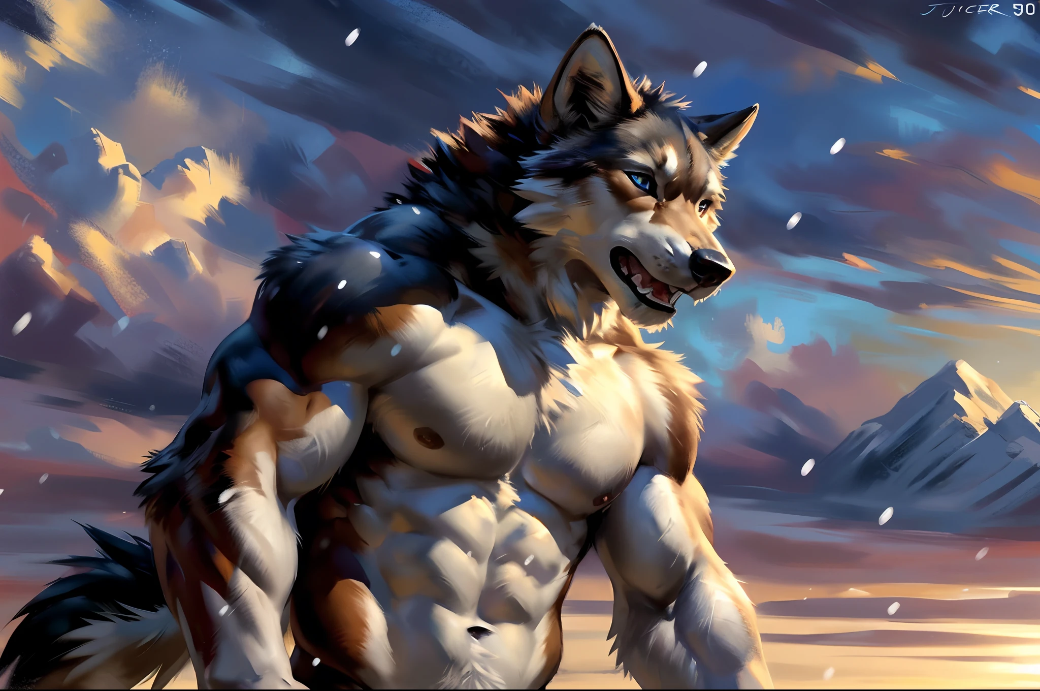 muscular feral:1.2 wolf, posing for the camera. 4k, high resolution, best quality, perfect colors, perfect shadows, perfect lighting, posted on e621, furry body, feral wolf, quadruped:1 wolf, solo, male, adult, masculine, (muscular, fit build:1.4, muscular shoulders, strong pecs), correct anatomy, (photorealistic fur, detailed fur, epic, masterpiece:1.2), (detailed winter background, snowing, cloudy sky, sunset), sexy shadows, (by echin, by Taran Fiddler, by takemoto arashi, by Traver009, by Juiceps), (detailed eyes:1.2), impressive physique, tired pose, struggling, effort pose, bothered face, exhausted, detailed eyes, looking at camera, (close-up):1, open mouth, thick drooling:1.4, (low-angle shot):1