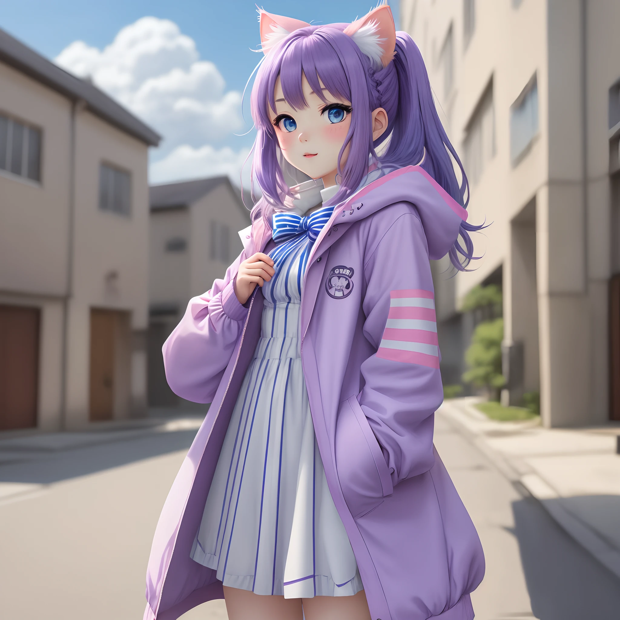 image of an anime character, kawaii girl with purple hair, blue eyes, kitten ears, pink coat with a blue bow and white stripes on the sleeve