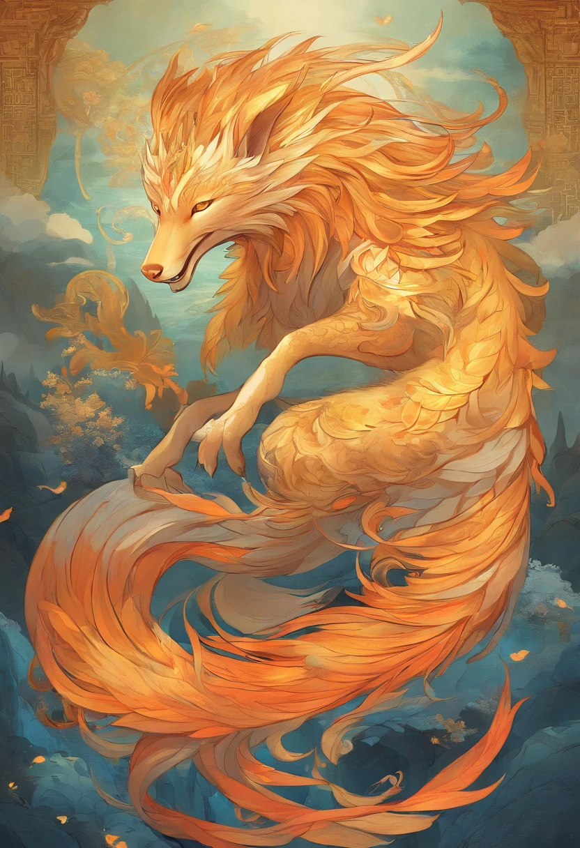 a mythical creature,((The Nine-Tailed Fox in Chinese Mythology)),traditional Chinese elements,Ancient murals,Exemplary myths,The Legend of Fuyao,dappled light,Hazy haze,Mystical aura,tmasterpiece,K HD,Rich in color,Detailed details,Seven colors