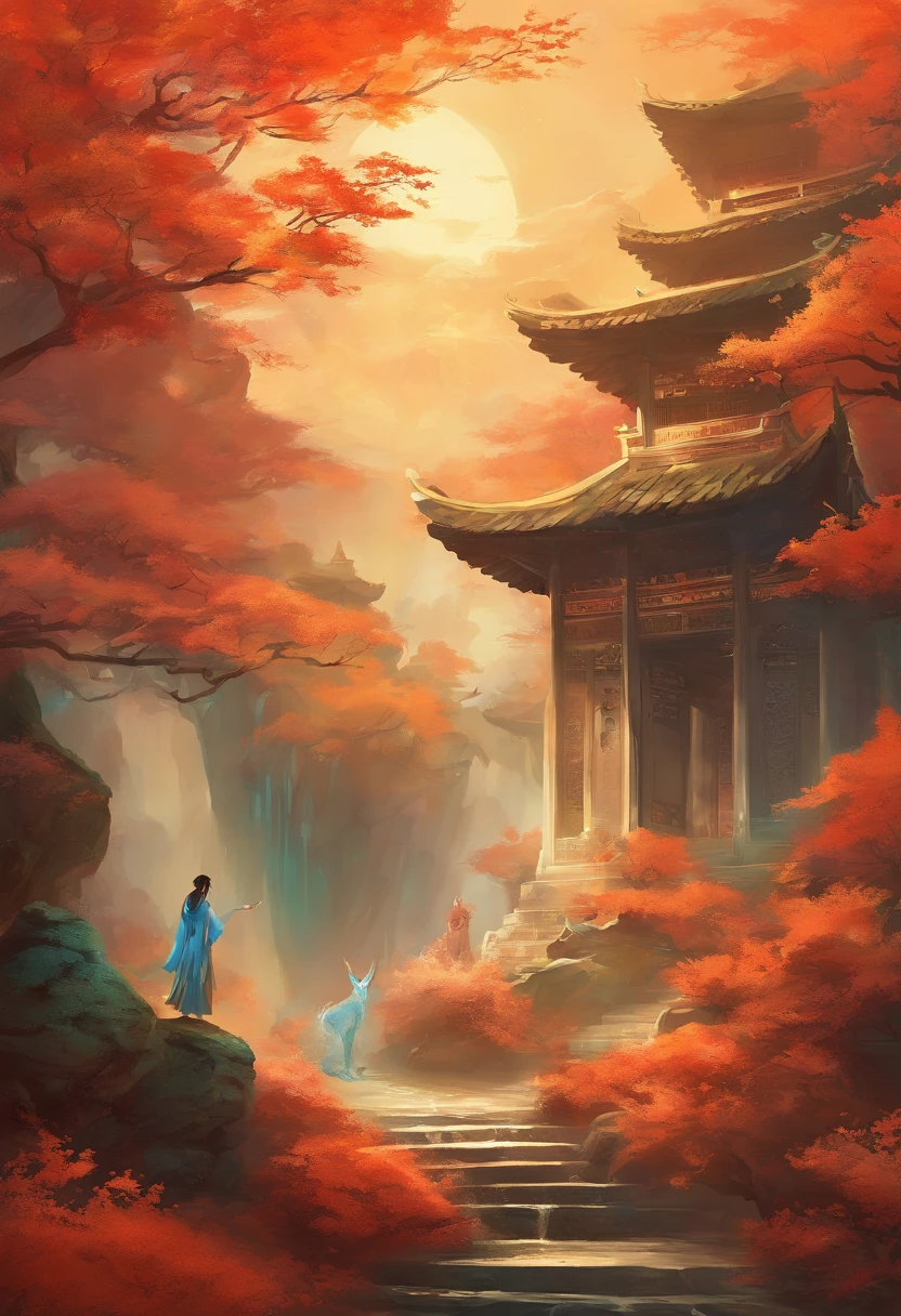 a mythical creature，（（The Nine-Tailed Fox in Chinese Mythology）），traditional Chinese elements，Ancient murals，Exemplary myths，The Legend of Fuyao，dappled light，Hazy haze，Mystical aura，tmasterpiece，K HD，Rich in color，Detailed details，Seven colors