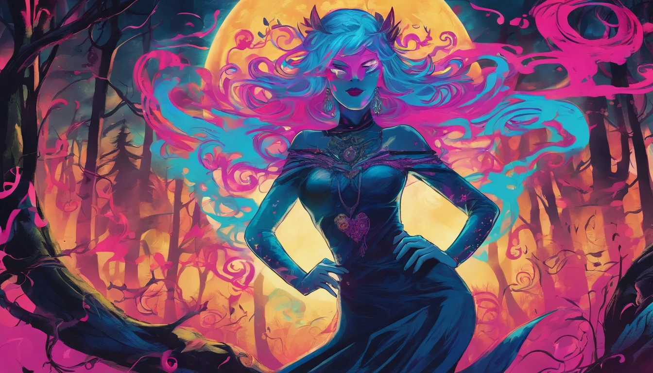 (a blue-haired demon woman,spells:1.1,glowing:1.1)(illustration)(best quality,ultra-detailed,realistic:1.37),demonic witch(demonic:1.1)(magic:1.1)(forest)(dark and mysterious,ominous atmosphere),casting powerful spells,creating magical energy(magic:1.1),vibrant pink hair(swirling pink hair)(flowing pink hair),horns(devil horns:1.1),piercing red eyes,enchanted scepter(magical scepter),elaborate dark robe,glowing magical sigils,fiery embers swirling(magical embers:1.1)(glowing embers),magical aura(glowing aura),eerie shadows,otherworldly presence(presence),sinister smile,nightfall in the background(dark night:1.1)(moonlit forest),lush and dense foliage(twisted trees)(mystical plants:1.1),mystical particles(swirling particles)(floating particles),ethereal glow(ethereal:1.1)(soft glow),faint moonlight breaking through the trees,haunting and captivating(scary atmosphere),bewitching beauty,wide range of colors(vivid colors)(contrasting colors),mystical realm,impressive details,dynamic composition,mesmerizing artwork,photorealistic style(picasso style),impressive shading and lighting,explosive energy,magical atmosphere(fantasy atmosphere),dreamlike scene