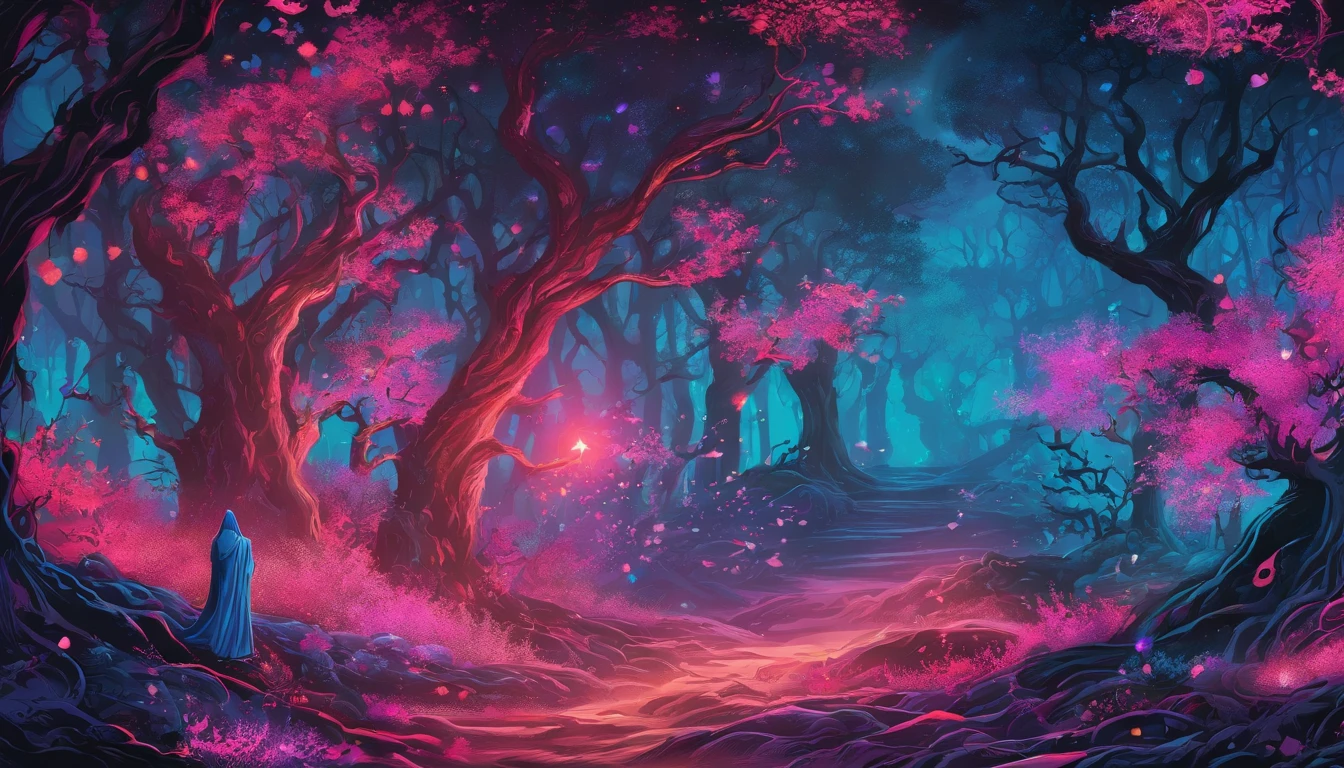 (a blue-haired demon woman,spells:1.1,glowing:1.1)(illustration)(best quality,ultra-detailed,realistic:1.37),demonic witch(demonic:1.1)(magic:1.1)(forest)(dark and mysterious,ominous atmosphere),casting powerful spells,creating magical energy(magic:1.1),vibrant pink hair(swirling pink hair)(flowing pink hair),horns(devil horns:1.1),piercing red eyes,enchanted scepter(magical scepter),elaborate dark robe,glowing magical sigils,fiery embers swirling(magical embers:1.1)(glowing embers),magical aura(glowing aura),eerie shadows,otherworldly presence(presence),sinister smile,nightfall in the background(dark night:1.1)(moonlit forest),lush and dense foliage(twisted trees)(mystical plants:1.1),mystical particles(swirling particles)(floating particles),ethereal glow(ethereal:1.1)(soft glow),faint moonlight breaking through the trees,haunting and captivating(scary atmosphere),bewitching beauty,wide range of colors(vivid colors)(contrasting colors),mystical realm,impressive details,dynamic composition,mesmerizing artwork,photorealistic style(picasso style),impressive shading and lighting,explosive energy,magical atmosphere(fantasy atmosphere),dreamlike scene
