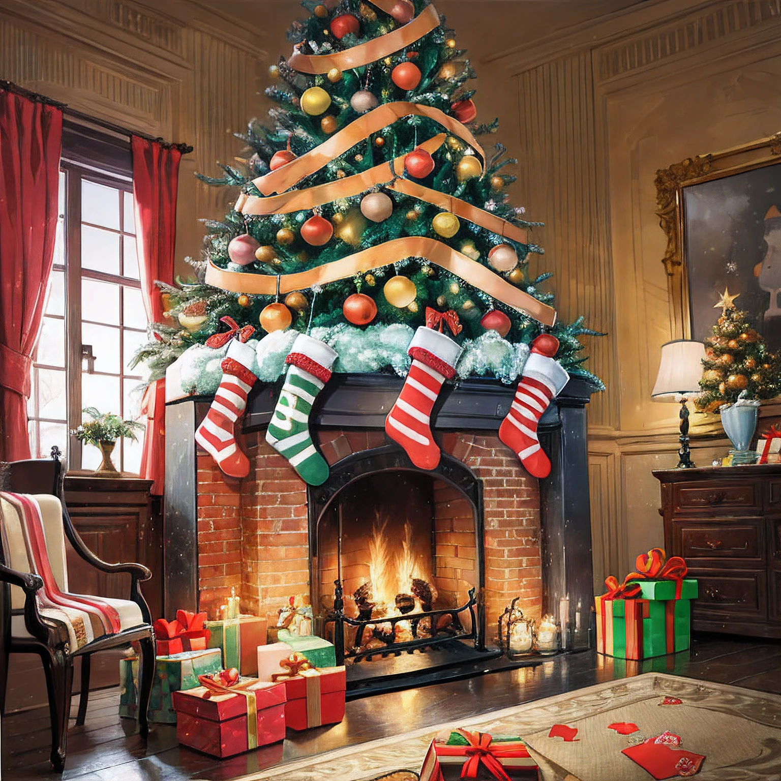 ((Traditional)), ((greeting card)), ((best quality)), a beautiful Christmas greeting card featuring a cozy indoor scene with candlelight illuminating the festive atmosphere. The illustration style adds a whimsical and playful touch to the scene, with every element of the Christmas spirit incorporated, such as the decorated Christmas tree, presents, and stockings hung by the fireplace. The traditional colors of red and green create a warm and inviting mood, with every detail of the scene captured in stunning clarity. Created using Adobe Illustrator, the artwork is of the highest quality and resolution, perfect for sending warm holiday wishes to loved ones. On eye level, scenic, masterpiece.
