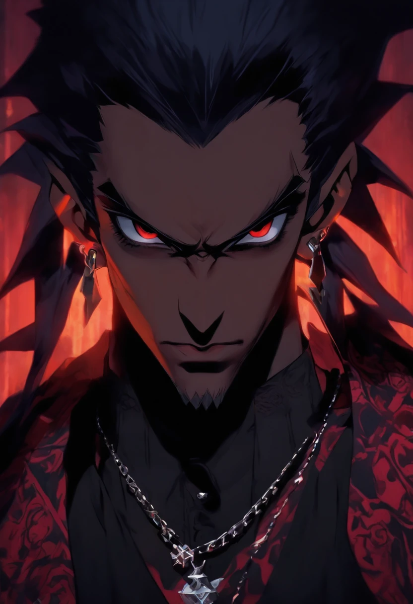 (illustration of Strahd Von Zarovich in modern clothing), he is wearing street wear that is popular with rappers between the years of 2020 to 2023, Modern rapper clothing, he has tattoos on his neck, face, and arms, multiple rapper tattoos, ((vampire)), golden eyes, fangs, long black hair, portrait, 8k resolution, masterpiece, high quality, ultra detailed eyes, 1boy, male focus