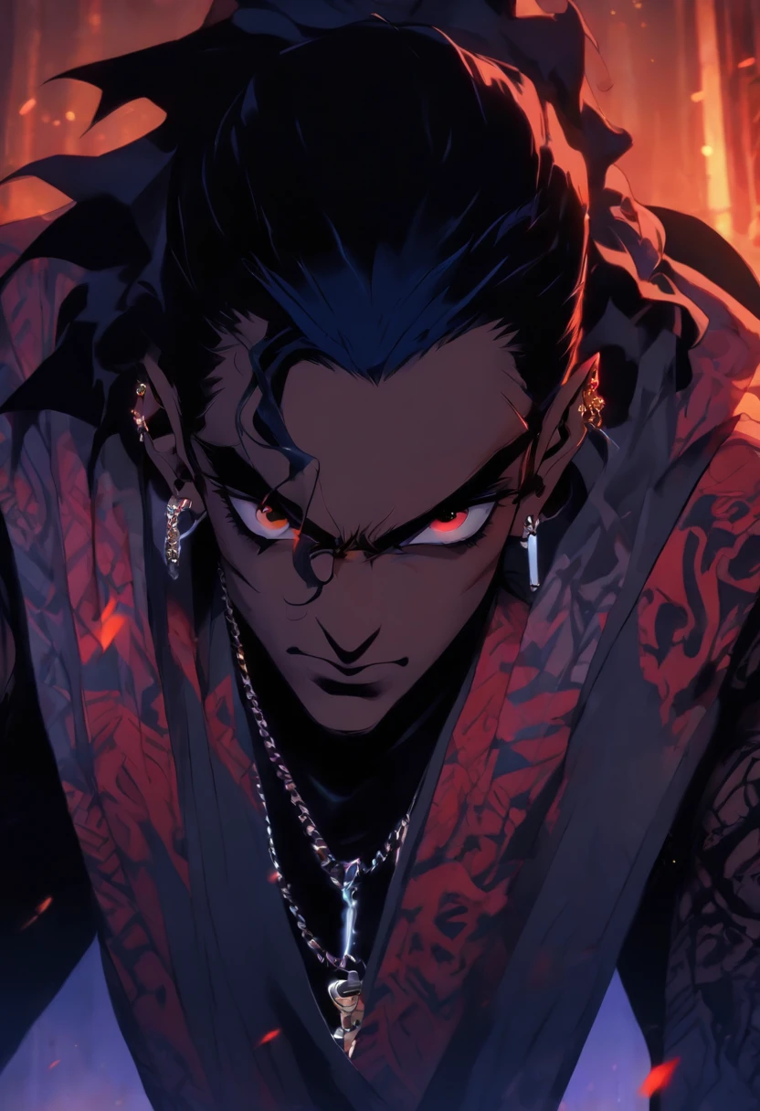 (illustration of Strahd Von Zarovich in modern clothing), he is wearing street wear that is popular with rappers between the years of 2020 to 2023, Modern rapper clothing, he has tattoos on his neck, face, and arms, multiple rapper tattoos, ((vampire)), golden eyes, fangs, long black hair, portrait, 8k resolution, masterpiece, high quality, ultra detailed eyes, 1boy, male focus