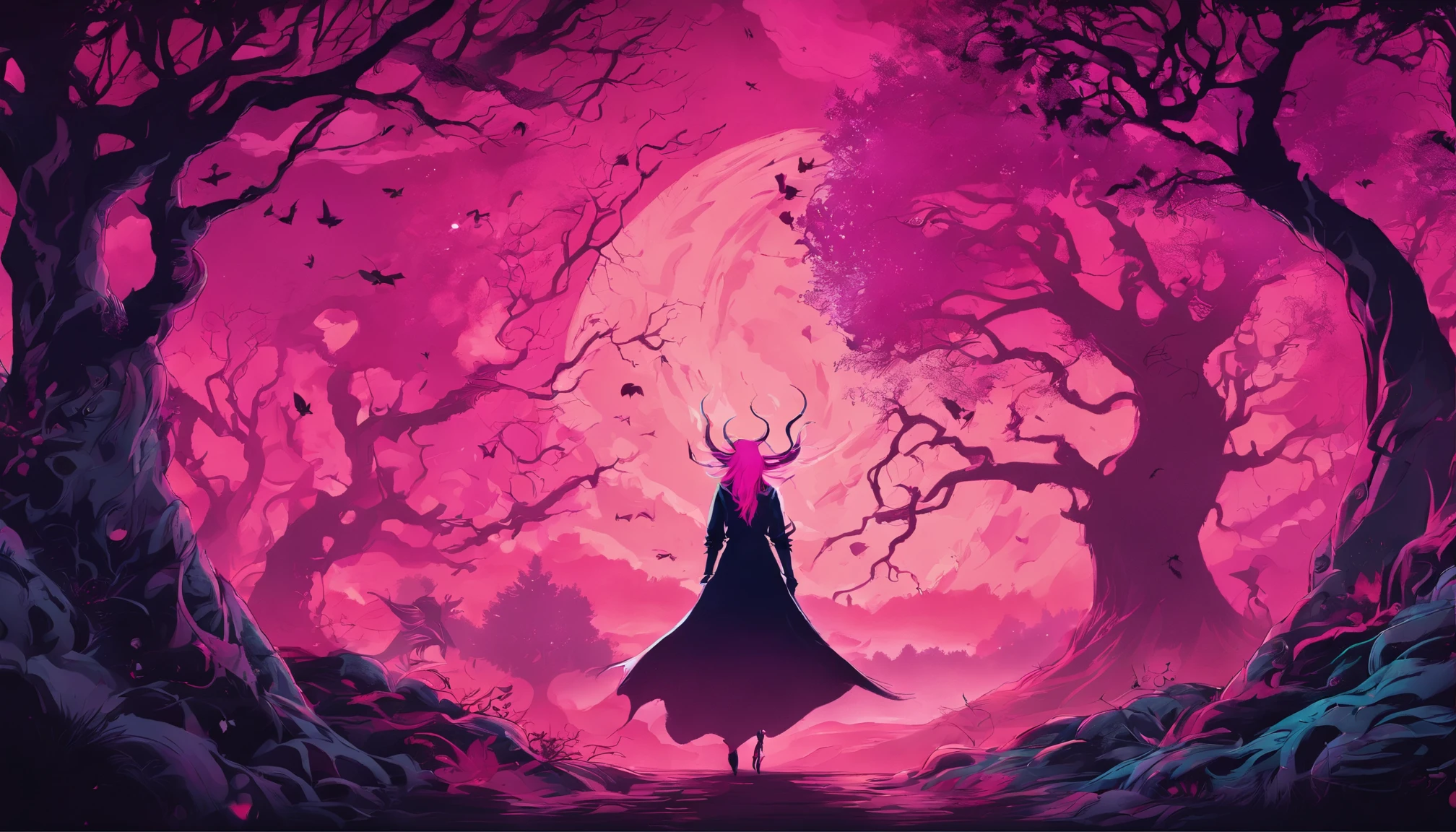 (a pink-haired demon woman,spells:1.1,glowing:1.1)(illustration)(best quality,ultra-detailed,realistic:1.37),demonic witch(demonic:1.1)(magic:1.1)(forest)(dark and mysterious,ominous atmosphere),casting powerful spells,creating magical energy(magic:1.1),vibrant pink hair(swirling pink hair)(flowing pink hair),horns(devil horns:1.1),piercing red eyes,enchanted scepter(magical scepter),elaborate dark robe,glowing magical sigils,fiery embers swirling(magical embers:1.1)(glowing embers),magical aura(glowing aura),eerie shadows,otherworldly presence(presence),sinister smile,nightfall in the background(dark night:1.1)(moonlit forest),lush and dense foliage(twisted trees)(mystical plants:1.1),mystical particles(swirling particles)(floating particles),ethereal glow(ethereal:1.1)(soft glow),faint moonlight breaking through the trees,haunting and captivating(scary atmosphere),bewitching beauty,wide range of colors(vivid colors)(contrasting colors),mystical realm,impressive details,dynamic composition,mesmerizing artwork,photorealistic style(picasso style),impressive shading and lighting,explosive energy,magical atmosphere(fantasy atmosphere),dreamlike scene