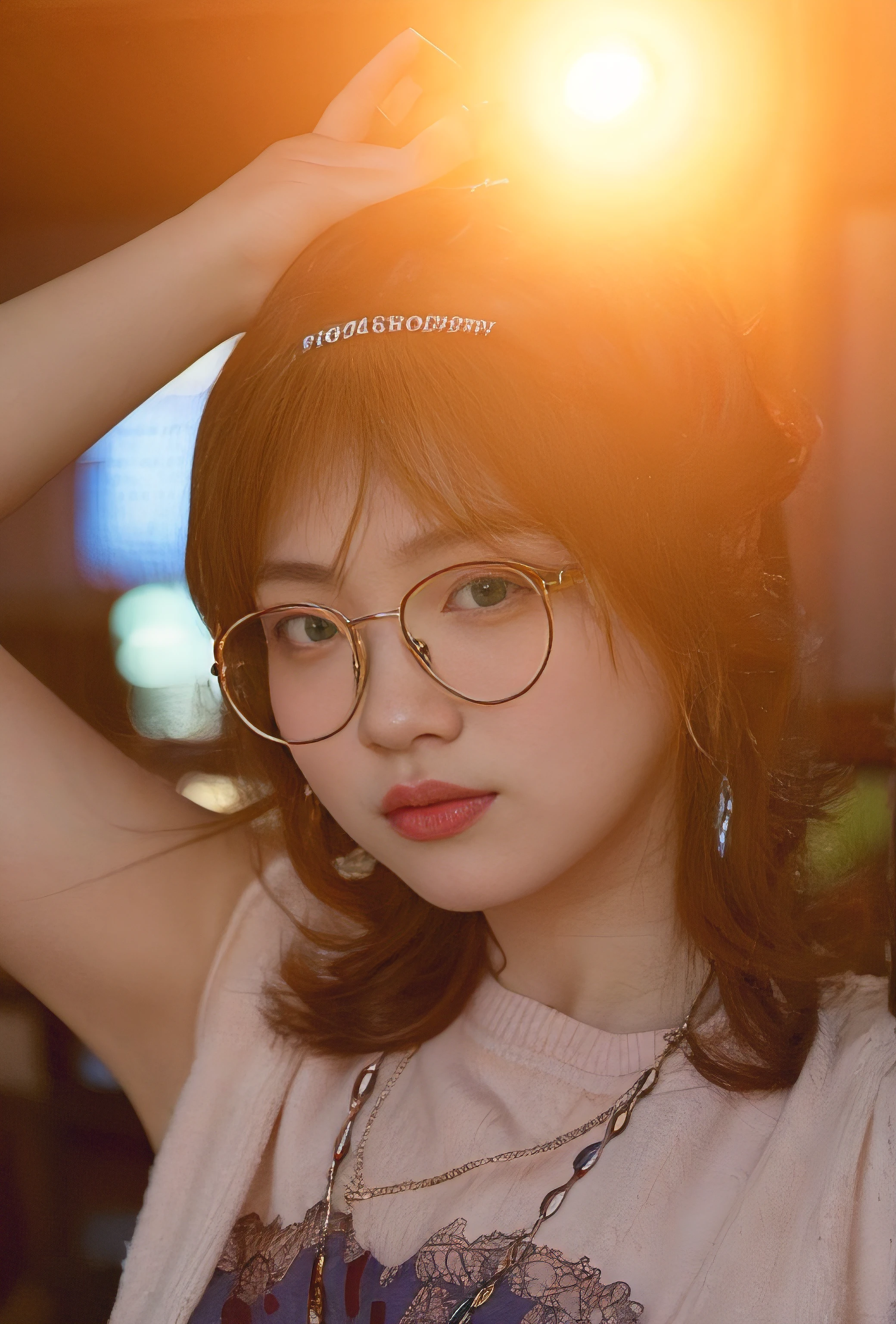 There was a woman sitting with her hands crossed, portrait of jossi of blackpink, lofi portrait, mid shot portrait, a girl with round glasses, lofi-girl, Low ISO, lofi portrait at a window, high quality portrait, Album art, A young Asian woman, ulzzangs