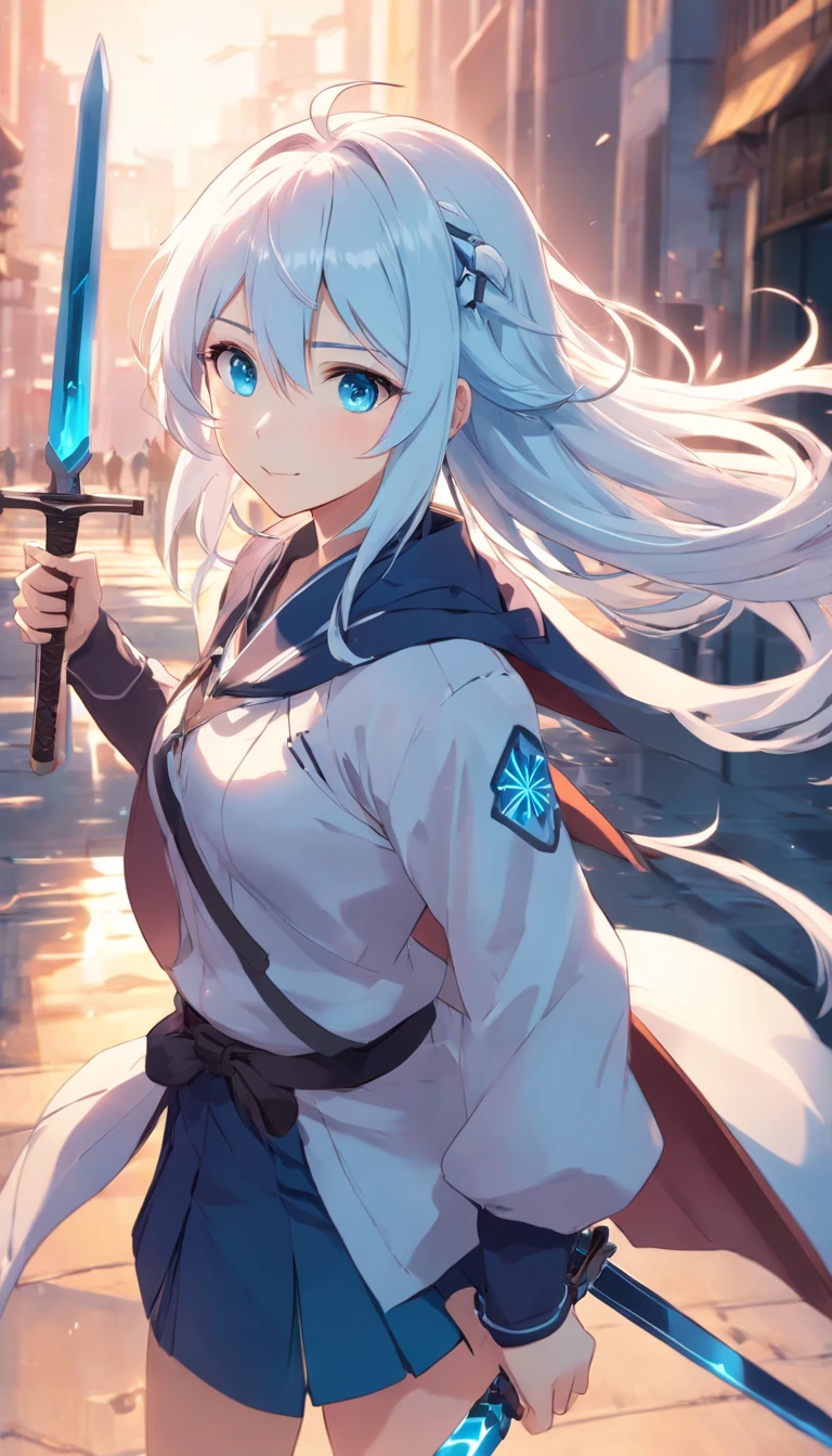 anime girl with long white hair and blue eyes holding a sword, style of anime4 K, dark horns, valkyrie, smiling, happy blue eyes, white hair Anime art wallpaper 8 K, Anime art wallpaper 4 K, Anime art wallpaper 4k, Best anime 4k konachan wallpaper, Anime wallpaper 4K, Anime wallpaper 4 k, 4K anime wallpaper, white cyan, nightcore, From Arknights