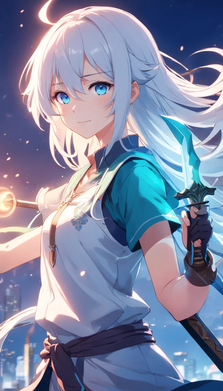 anime girl with long white hair and blue eyes holding a sword, style of anime4 K, dark horns, valkyrie, smiling, happy blue eyes, white hair Anime art wallpaper 8 K, Anime art wallpaper 4 K, Anime art wallpaper 4k, Best anime 4k konachan wallpaper, Anime wallpaper 4K, Anime wallpaper 4 k, 4K anime wallpaper, white cyan, nightcore, From Arknights