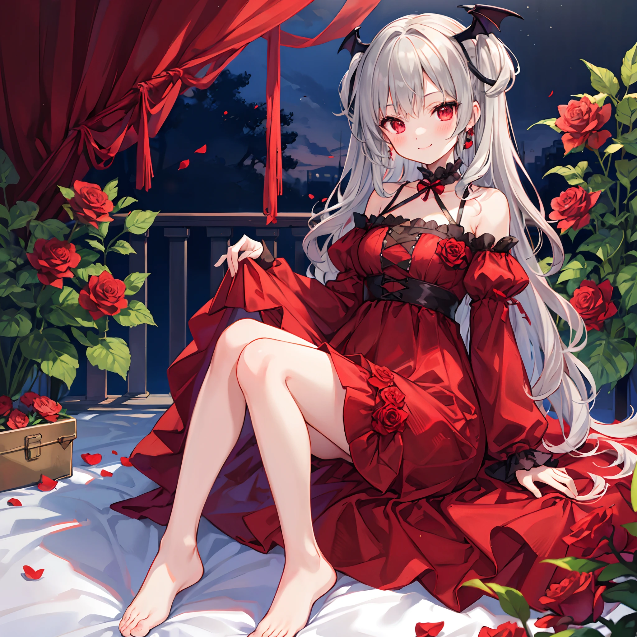 wavy gray hair、red eyes、One beautiful vampire girl、red blush、Retro dresses、Raw feet、midnight、a smile、Surrounded by roses