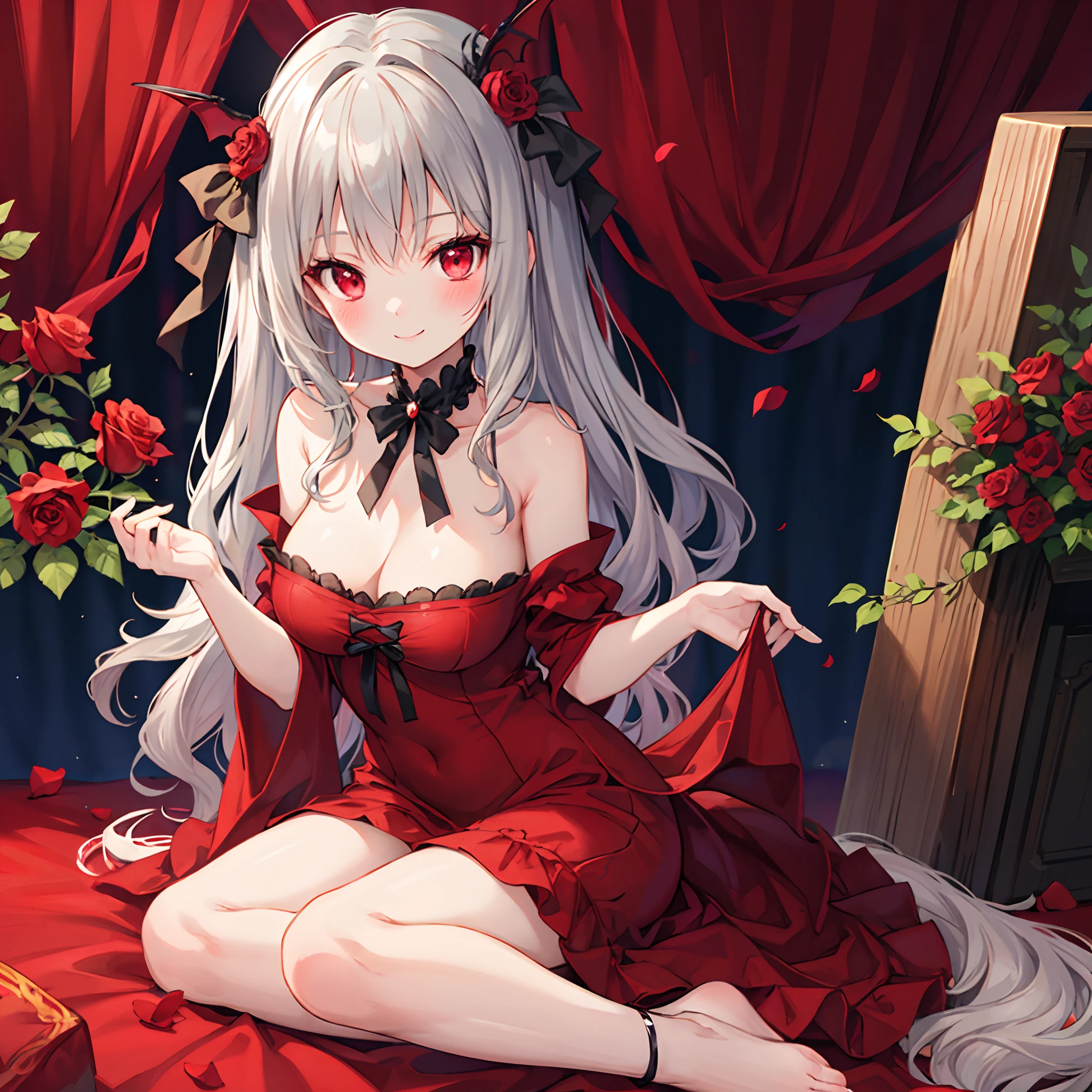 wavy gray hair、red eyes、One beautiful vampire girl、red blush、Retro dresses、Raw feet、midnight、a smile、Surrounded by roses