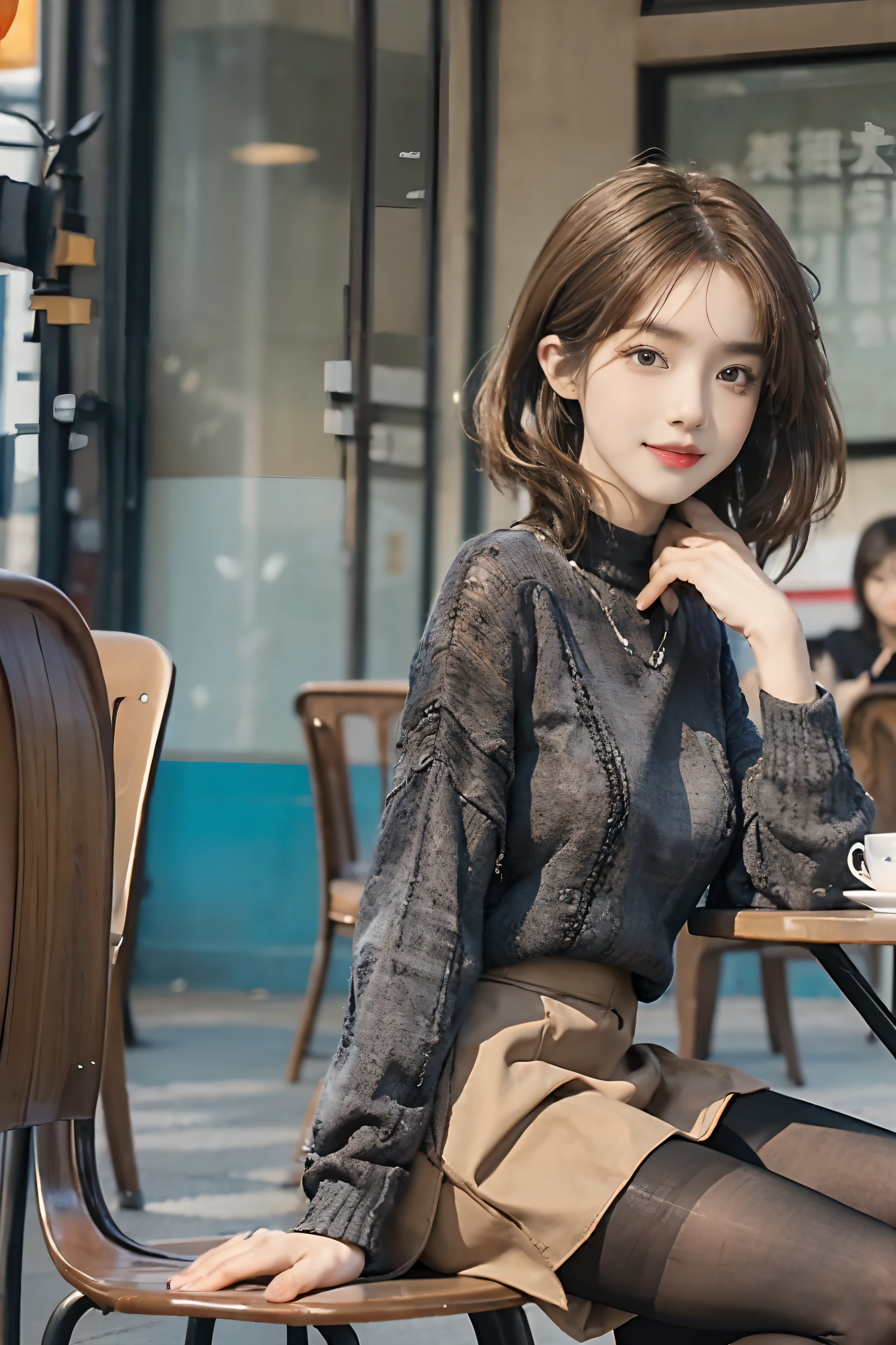 ((top-quality、8K、masterpiece:1.3))、foco nítido:1.2、(realisitic、Photorealsitic:1.37)、((A smile))、Feet to the viewer、Feet in front of the audience、((Brown pantyhose:1.3))、Beautiful Face Woman、32years old、pointed chest、NSFW、long eyeslashes、Colorcon、Big 、delicated、Very detailed eyes、Highly detailed eyebrows、(Sharp Eyebrows)、(Thin eyebrows)、very vey very detailed face、((Brunette short disheveled hair)),Erect ,Clothed、thong、 frombelow、Stone floor、Detailed background(8K、masterpiece、top-quality、Raw foto) sit a chair 、((Black sweater))、Beautiful woman,Sitting,((Red very short skirt)),(((Street Side Cafe Chair))),Long legs