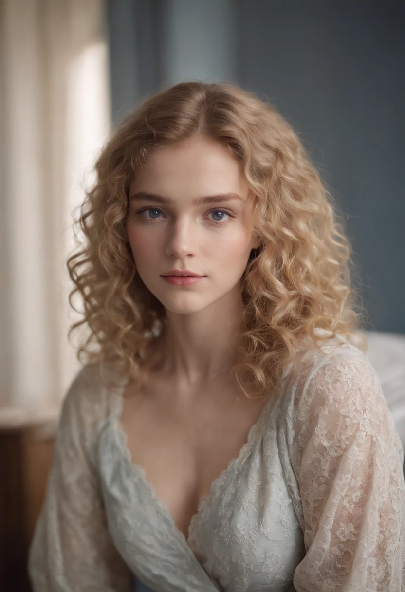 "Full body portrait of a charming 21 year old women with curly hay coloured hair, angelic look, freckles, petite figure, beautiful face, captivating dark blue eyes, and big bust size, showcasing her natural beauty, posing in a bedroom ."