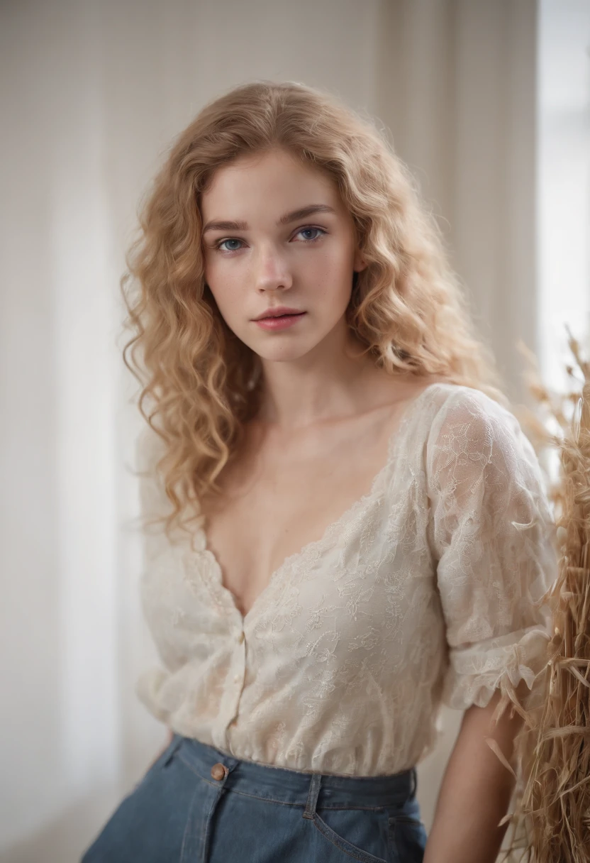 "Full body portrait of a charming 18 year old women with curly hay coloured hair, a late 80s look, small freckles, petite figure, beautiful face, captivating dark blue eyes, and modest bust size, showcasing her natural beauty, posing in a bedroom, photorealistic, real life ."
