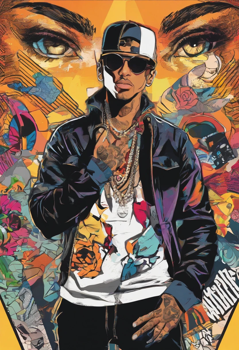 (illustration of Strahd Von Zarovich in modern clothing), he is wearing street wear that is popular with rappers between the years of 2020 to 2023, Modern rapper clothing, he has tattoos on his neck, face, and arms, multiple rapper tattoos, ((vampire)), golden eyes, fangs, long black hair, portrait, 8k resolution, masterpiece, high quality, ultra detailed eyes, 1boy, male focus